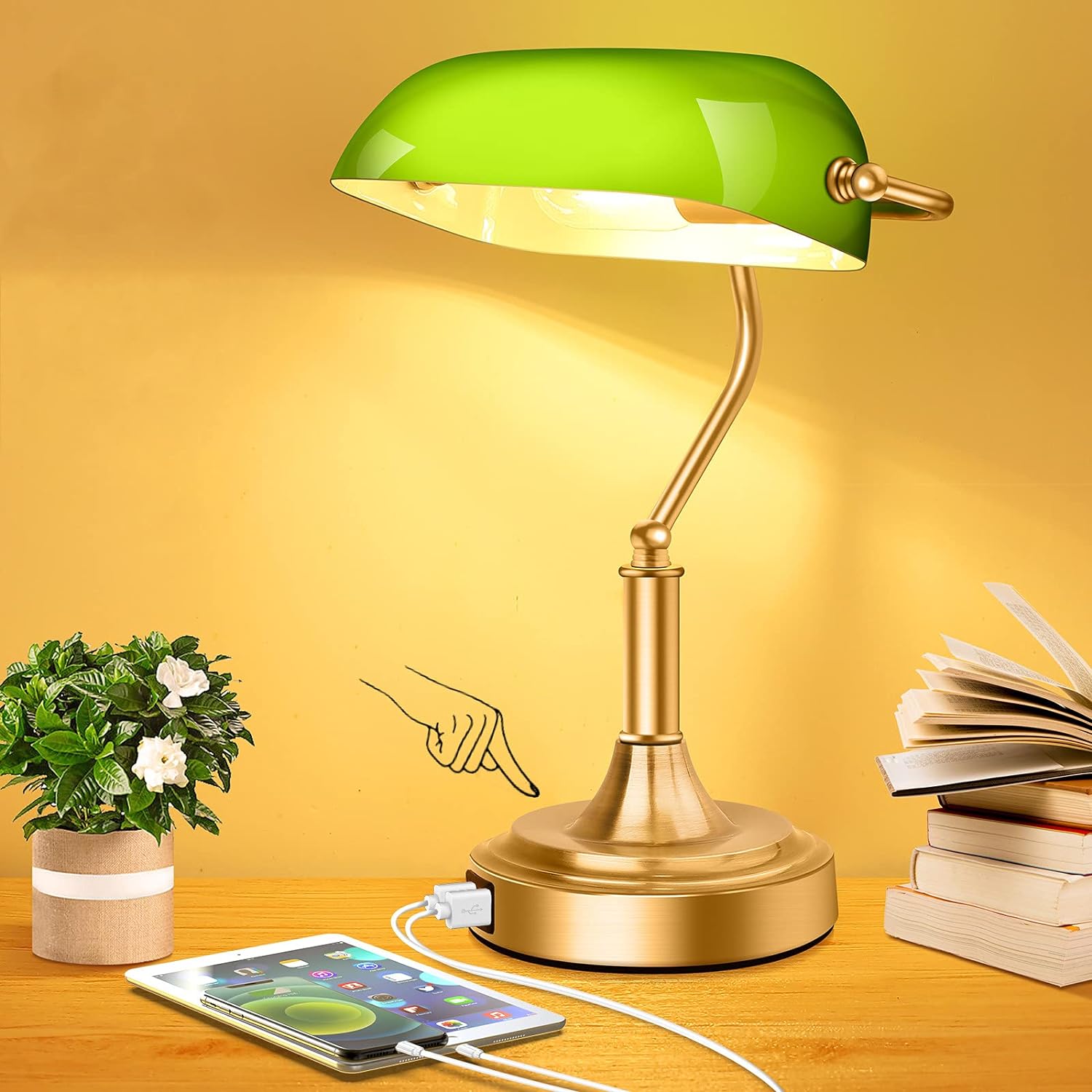 Desk Lamp with Brass Base and 2 USB Ports, 3-Way Dimmable Vintage Desk Lamp for Home Office (LED Bulb Included)