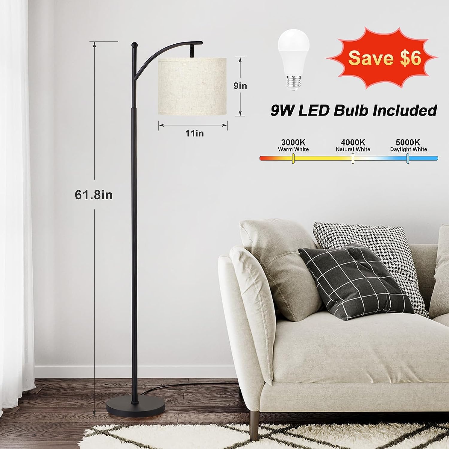 Floor Lamps for Living Room with 3 Color Temperatures, Standing Lamp Tall with Adjustable Linen Shade