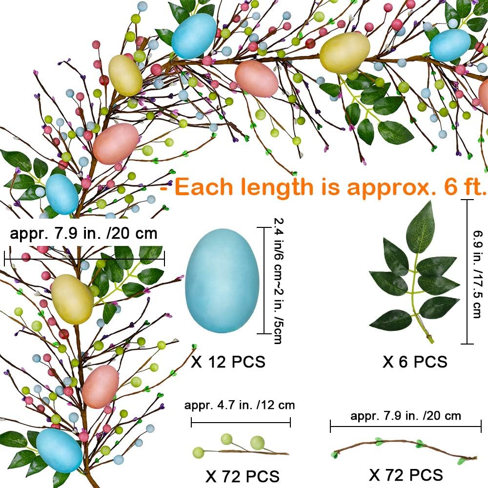 Artificial Easter Egg and Mixed Berry 6FT Garland Hanging Rustic Garland for Easter Springtime Seasonal Decoration