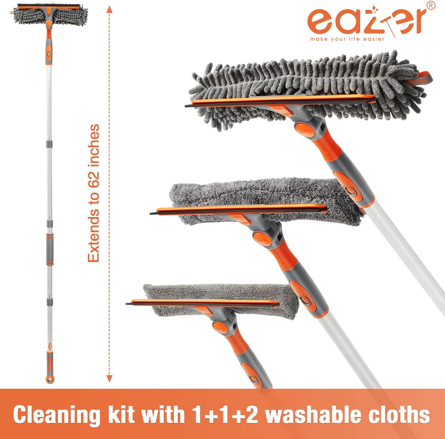 62” Squeegee Window Cleaner 2 in 1 Rotatable Window Cleaning Tool Kit with Extension Pole and Bendable Heads