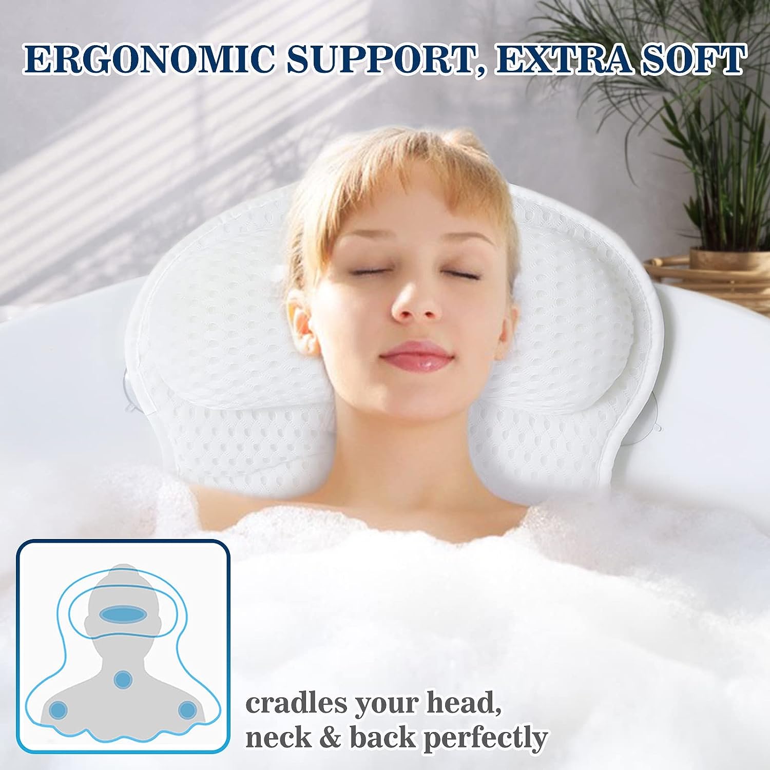 Bath Tub Pillow Headrest Neck and Back Support with Soft 4D Mesh Fabric and Non-Slip Suction Cups