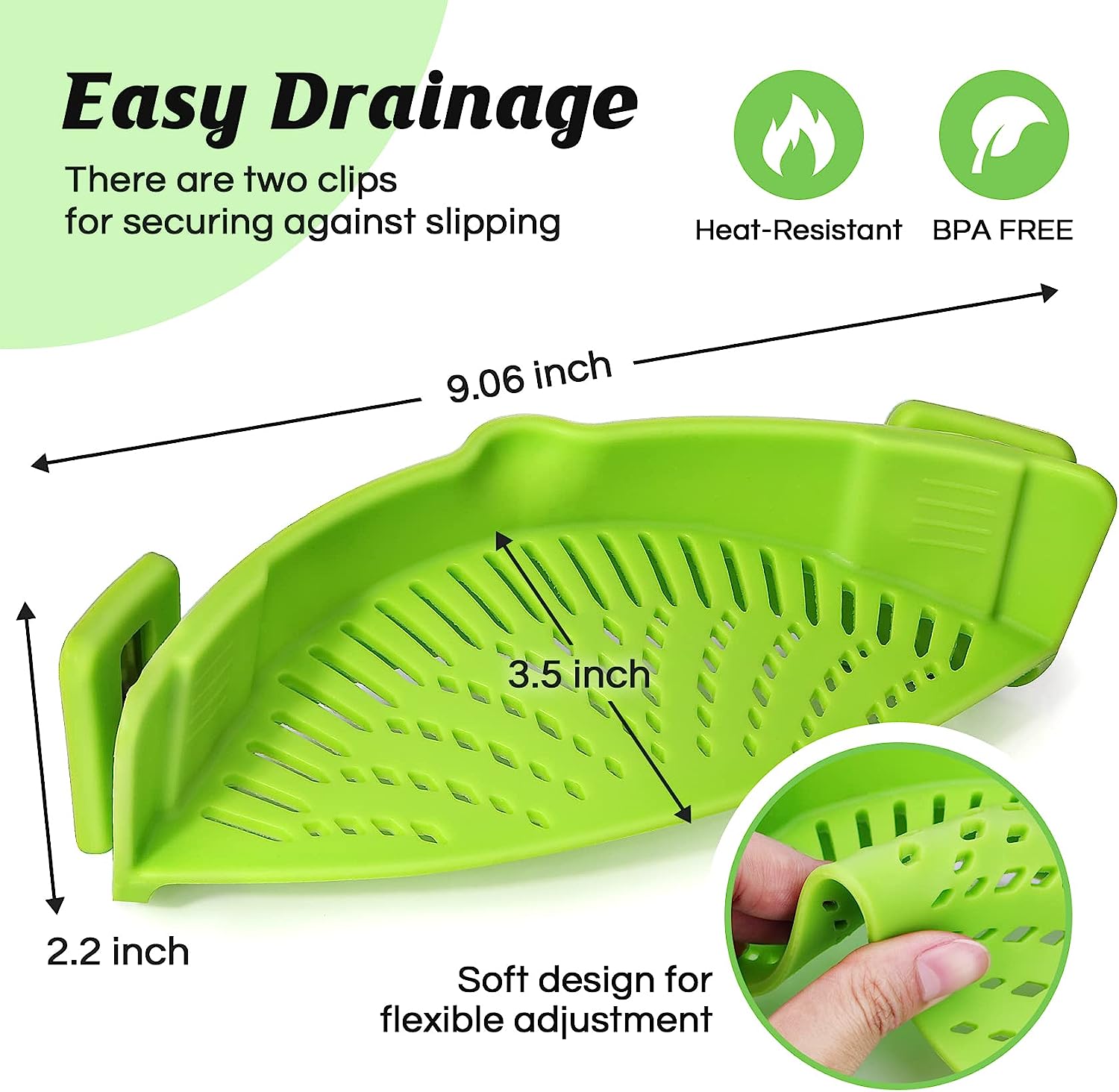 Pasta Strainer, Strainers and Colanders Adjustable Clip on Strainer for Pots, Green