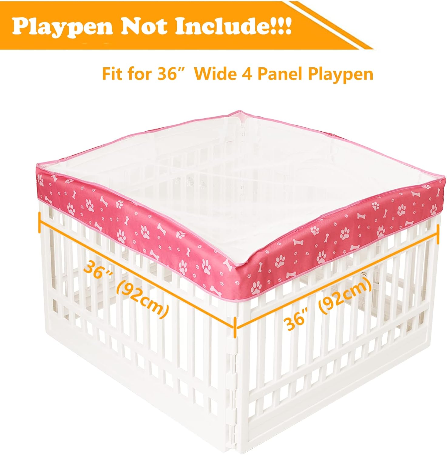 Dog Playpen Mesh Top Cover for 36" Inch Pet Playpen with 4 Panels, Pink