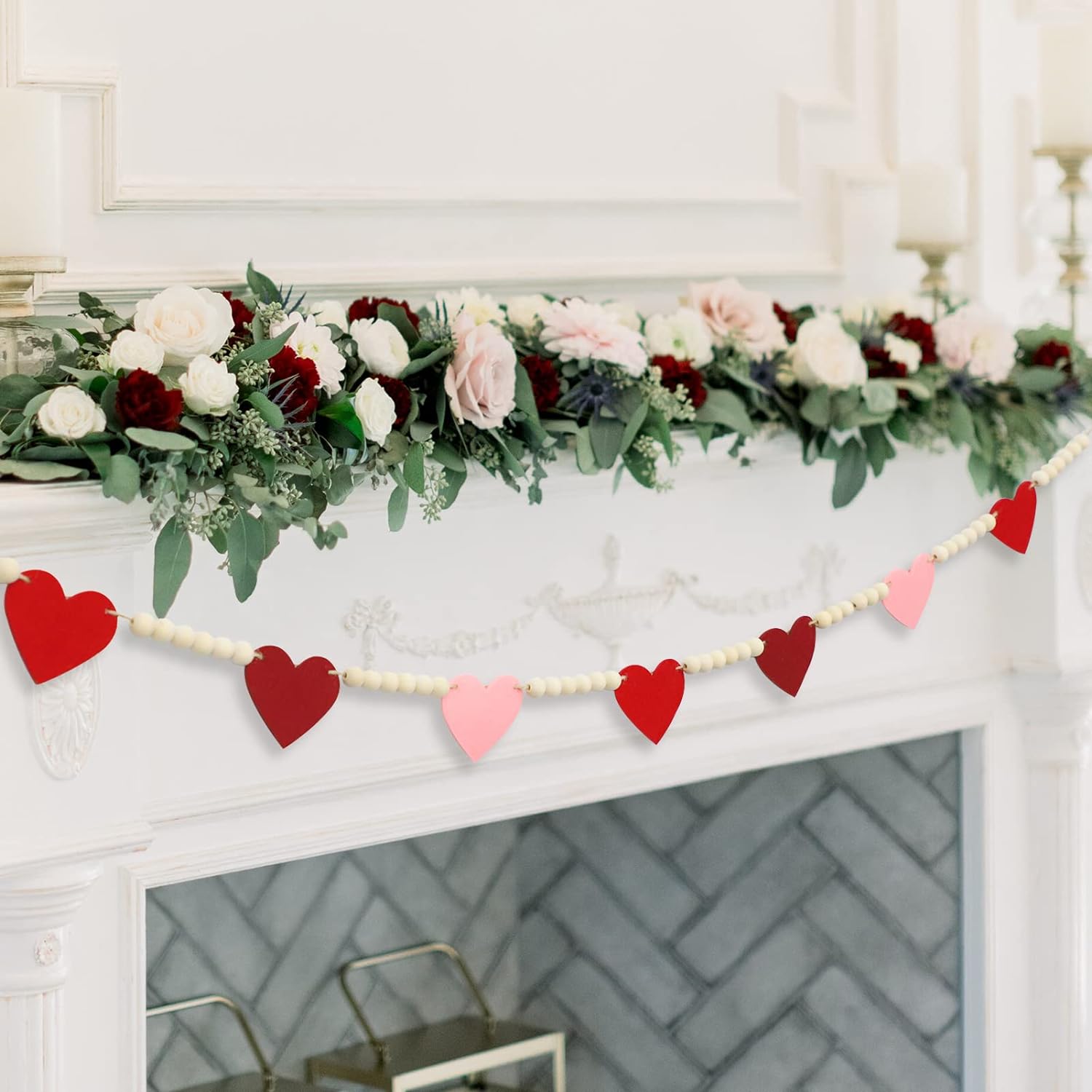 Hearts Wood Bead Garland for Valentine Decorations