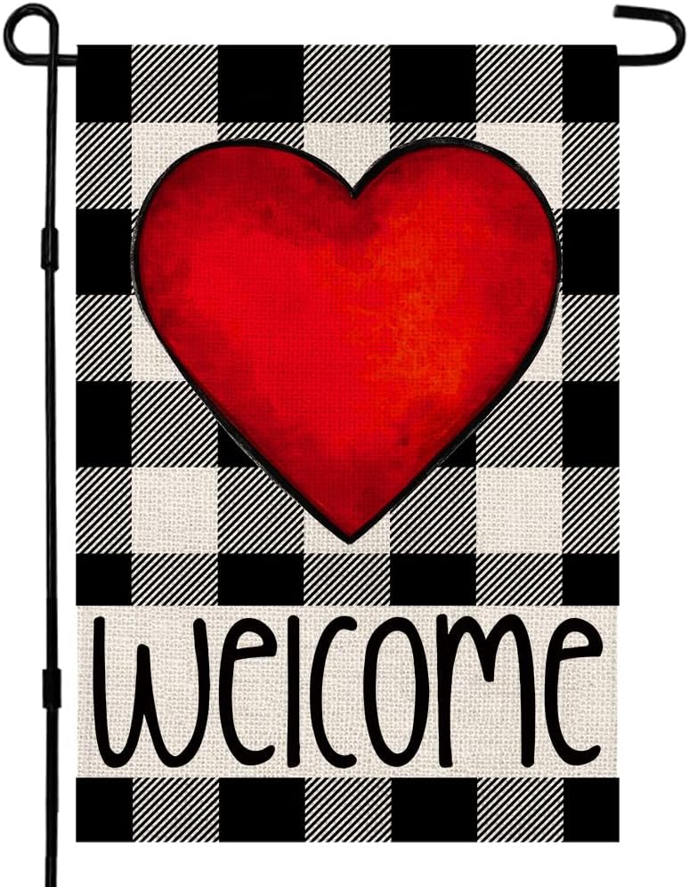 Valentines Day Garden Flag 12" x 18" Vertical Double Sided Welcome Love Heart Buffalo Plaid Garden Flag