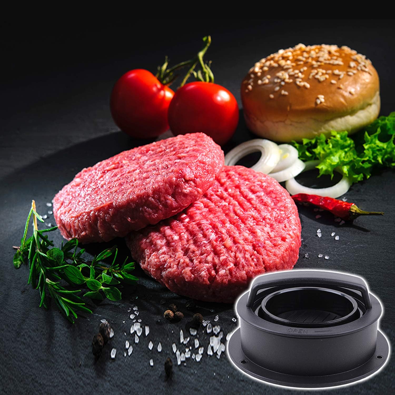 Hamburger Press 3 in 1 Stuffed Burger Press Patty Maker (Black)