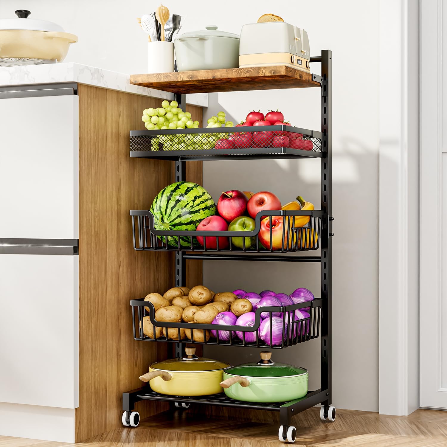 Adjustable Fruit and Vegetable Basket, 5 Tier Fruit Basket Kitchen Storage Cart