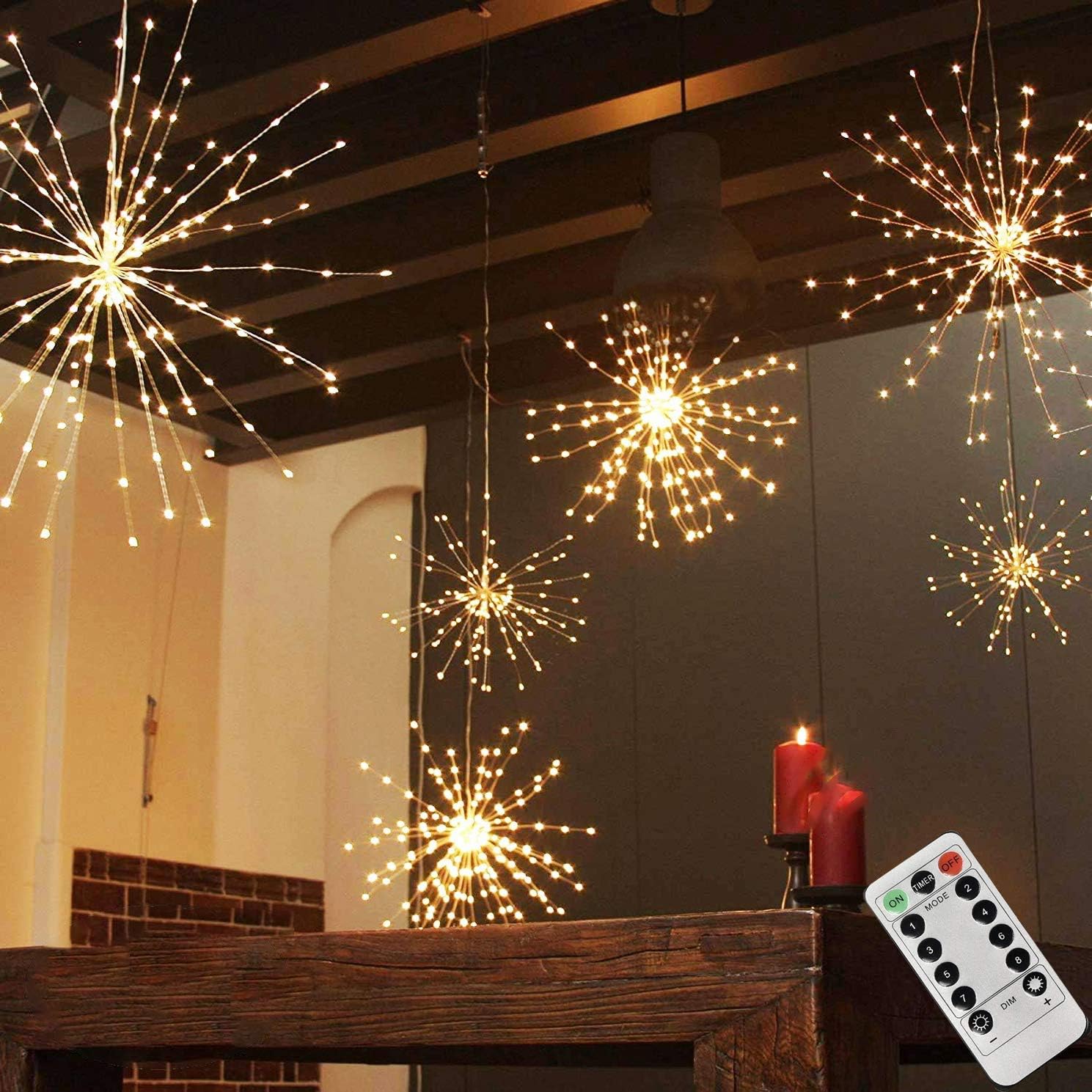 Fairy Lights Waterproof 200 LEDs Battery Operated Starburst Lights, 8 Modes Dimmable and Remote Control, Warm