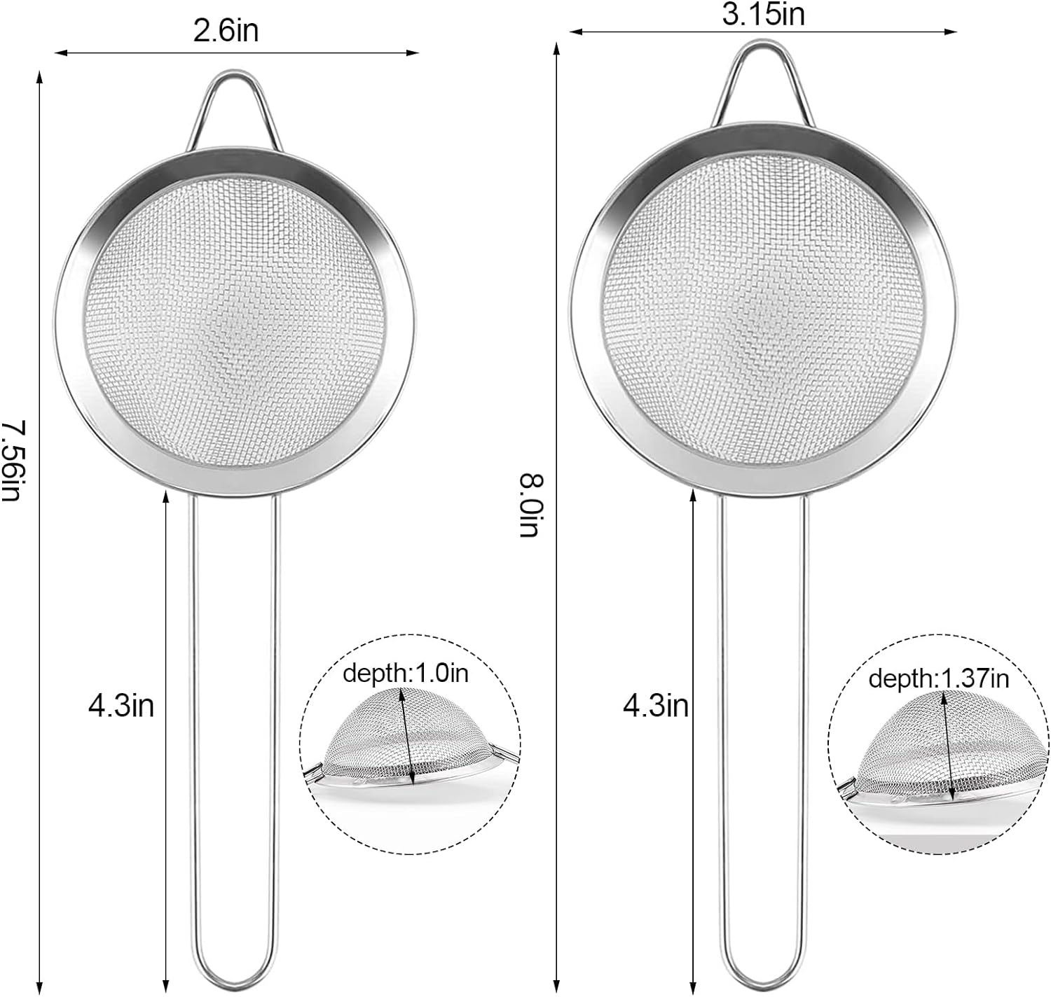 Small Stainless Fine Mesh Strainer 2 Pack with Handles for Steeping Loose Leaf Tea