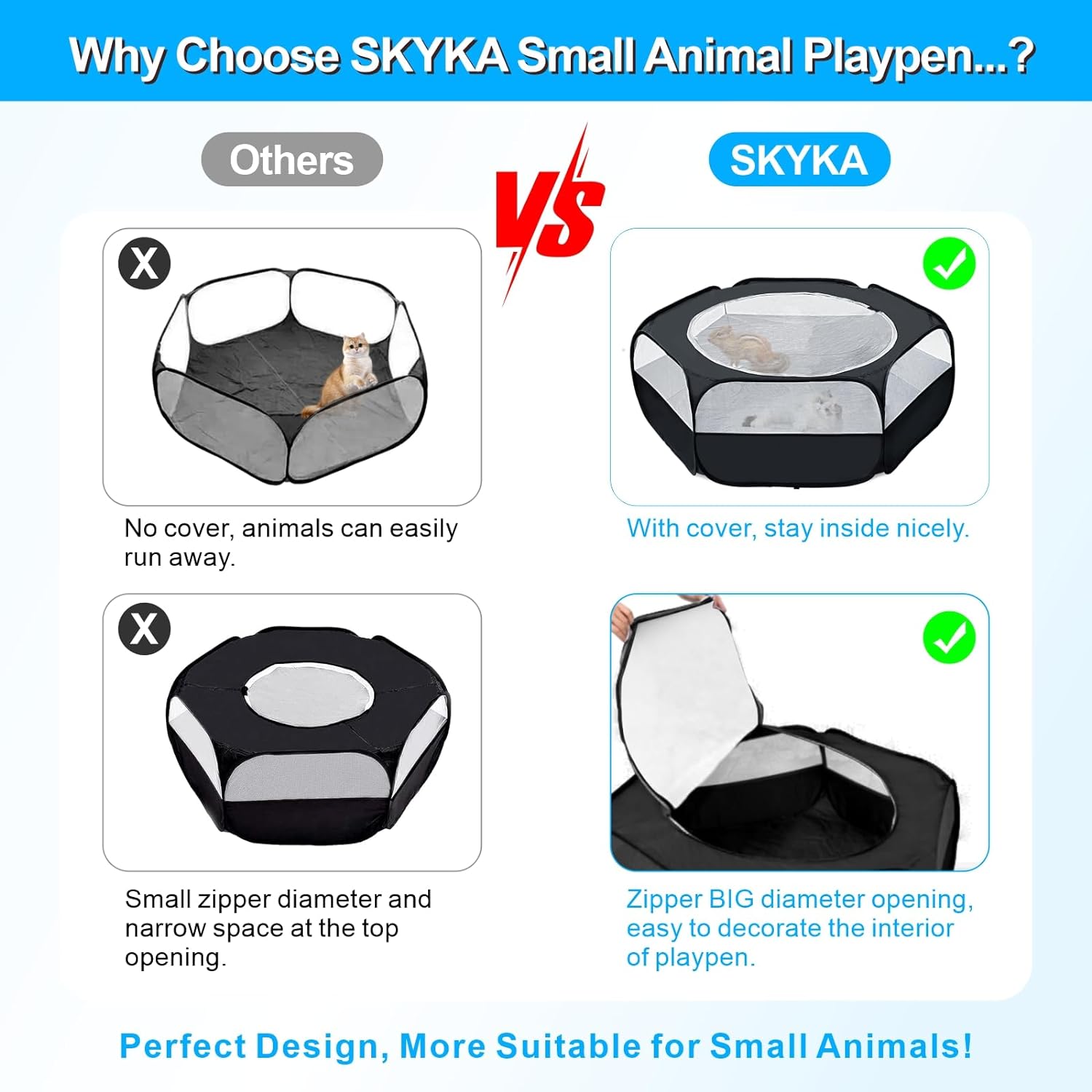 Small Animal Playpen with Cover Top for Small Pets Indoor Outdoor Waterproof Playpen, Black