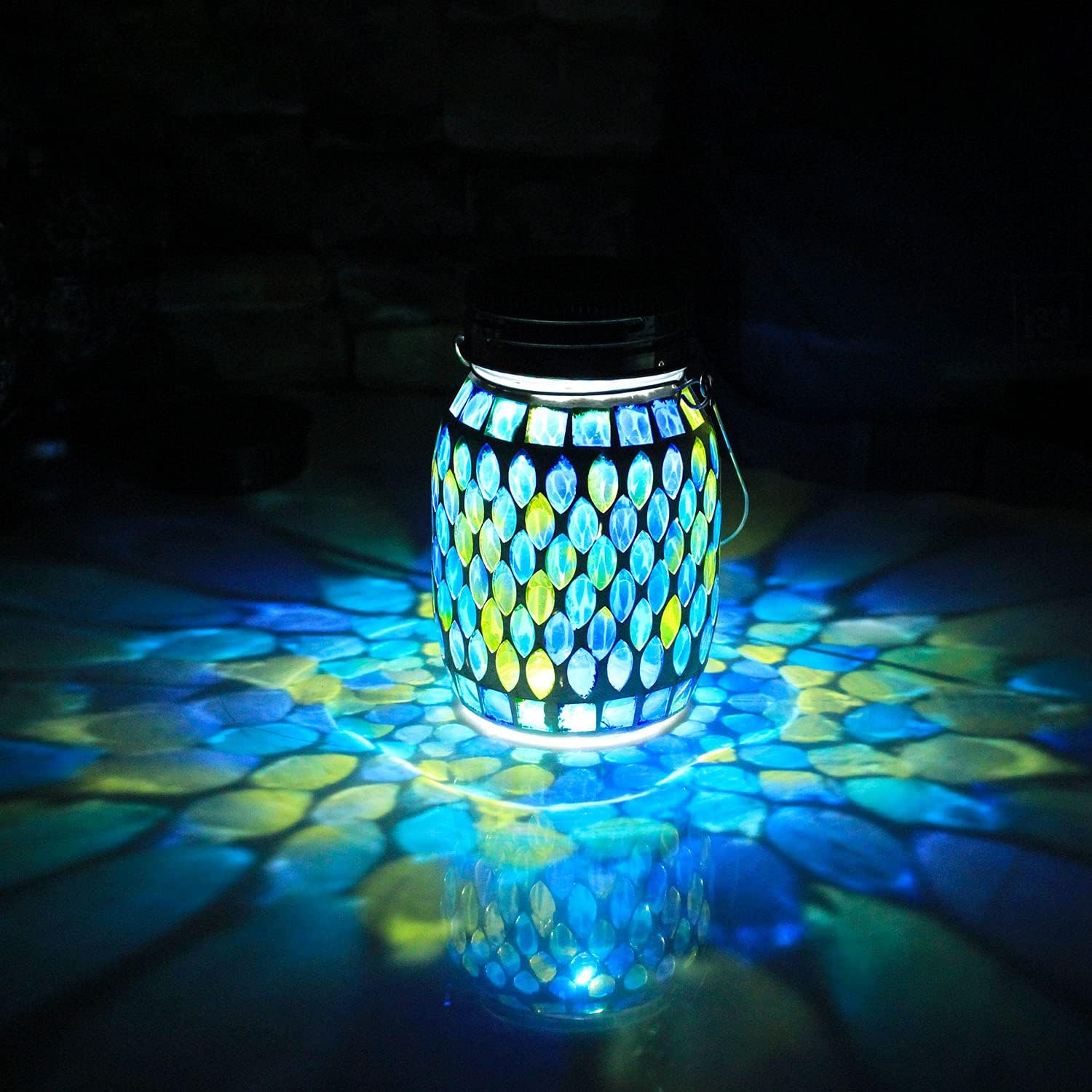 Mosaic Solar Lanterns Outdoor Hanging Lights Waterproof Solar Night Lights, Cool Blue