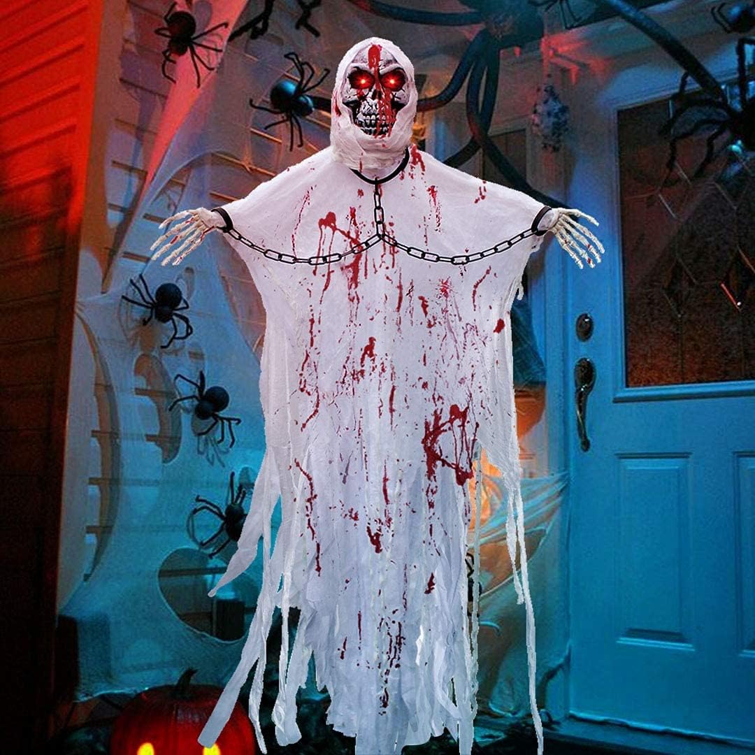 Hanging Skeleton 63" Halloween Hanging Ghost Decorations with Glowing Eyes & Creepy Sounds Halloween Haunted House Props