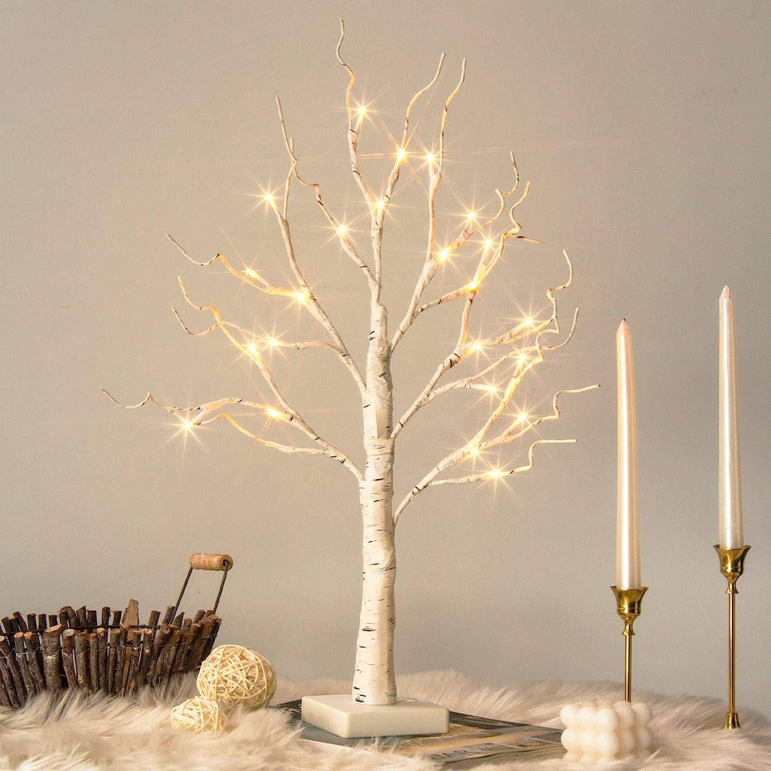 White Birch Tree with LED Lights Battery Powered Timer, Light Up Tabletop Tree Home Decor (2FT, Warm White)