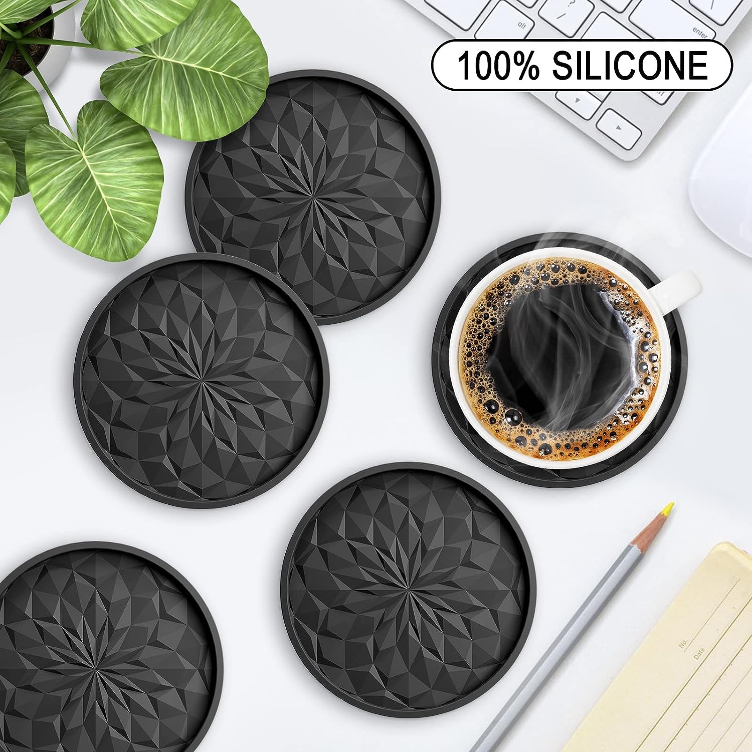 Silicone Coasters 6 Pack Cup Mat for Drinks, Deep Tray Black