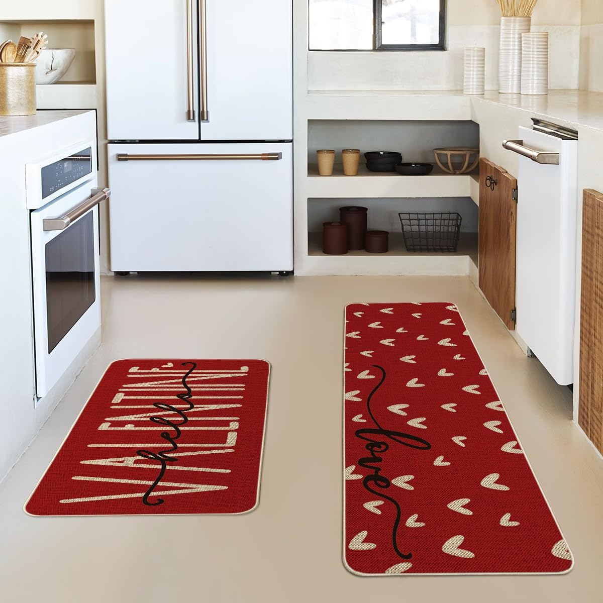 Red Love Heart Hello Valentine's Day Kitchen Mats Set of 2 (17" x 29" and 17" x 47")