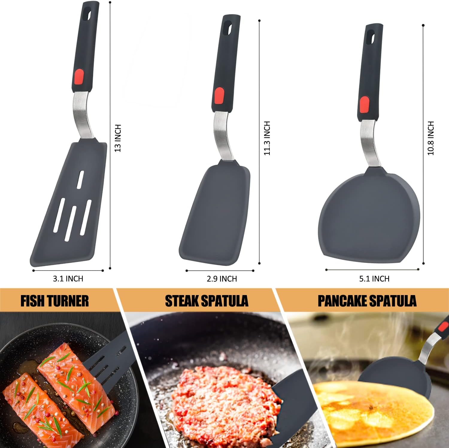 Silicone Spatula Turner Set of 3 600°F Heat Resistant Cooking Spatulas for Nonstick Cookware