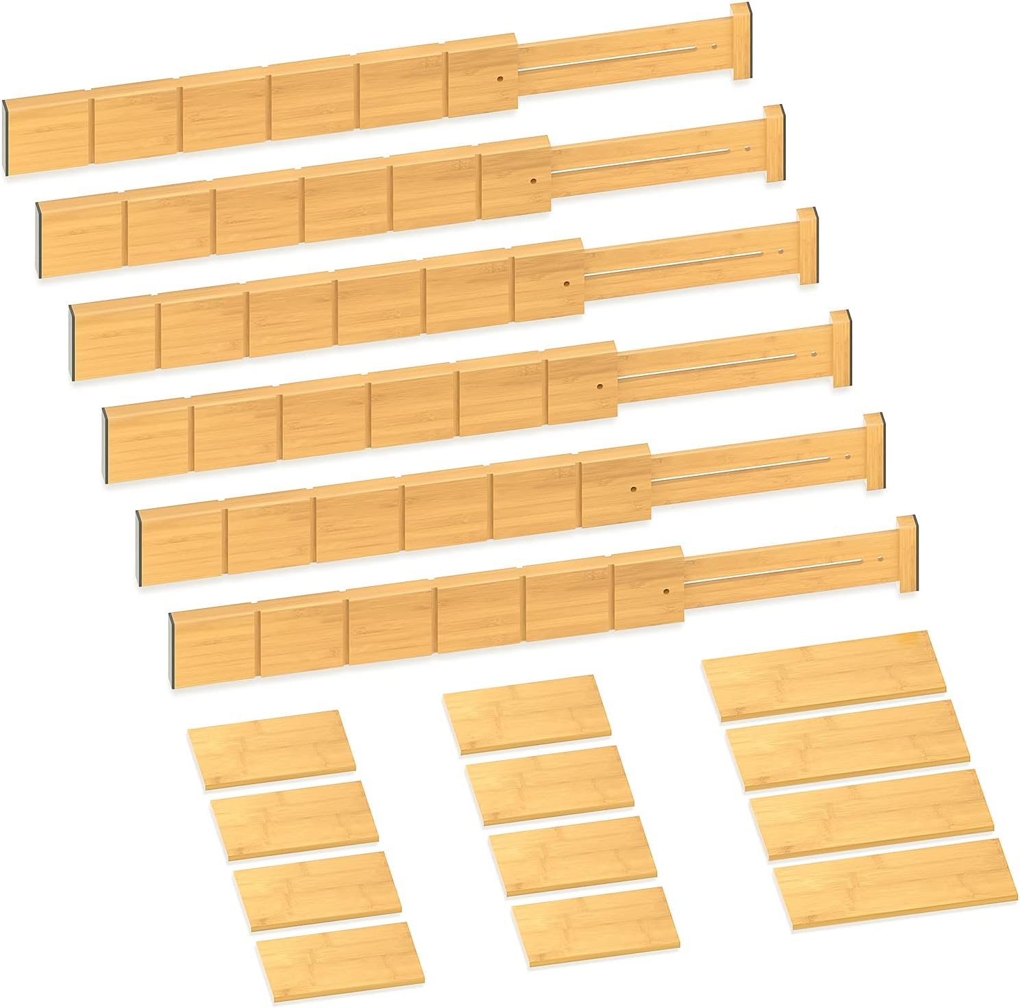 Drawer Dividers 6 Pack Bamboo Dividers with 12 Inserts, Expandable Kitchen Drawer Organizer 16.3" - 22"