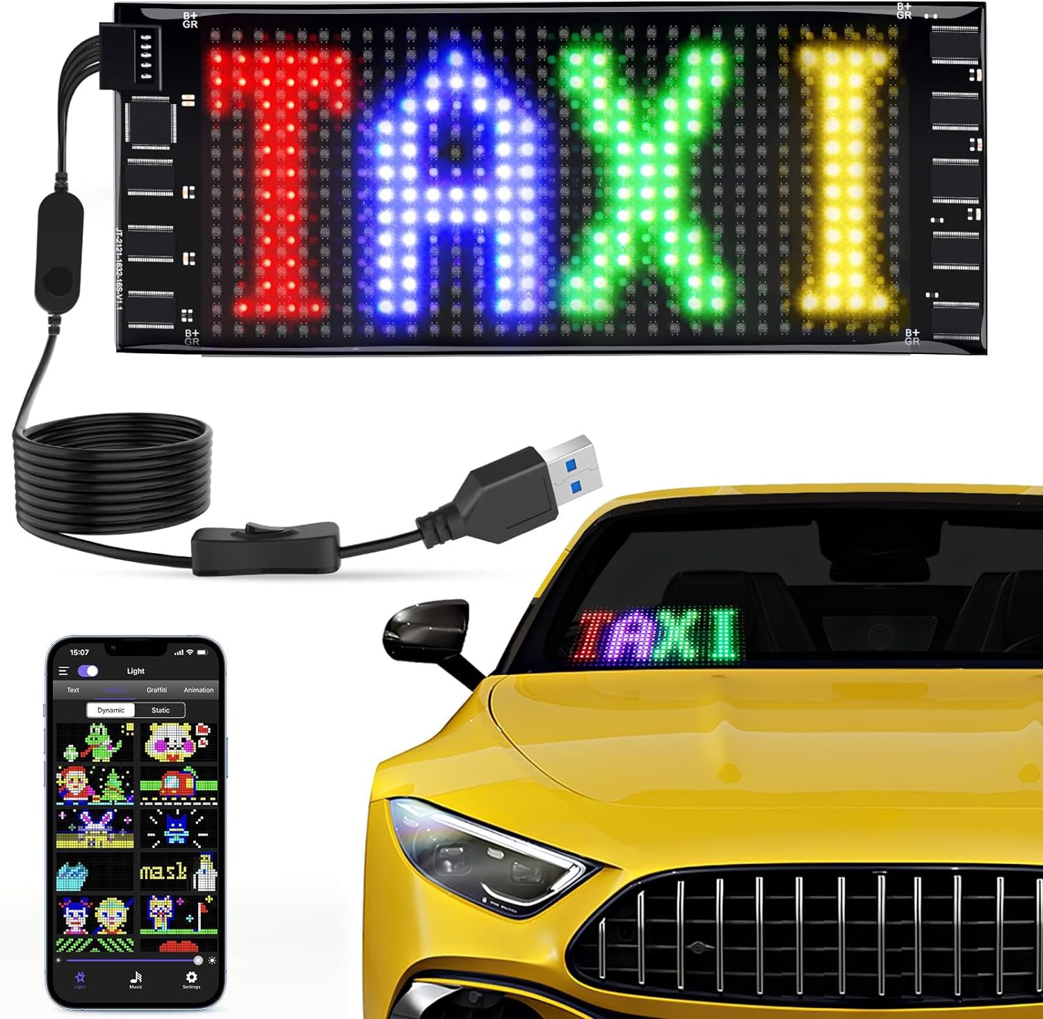 Mini LED Car Signs Flexible USB 5V LED digital sign Bluetooth Application Control, 6.7'' x 2.76''