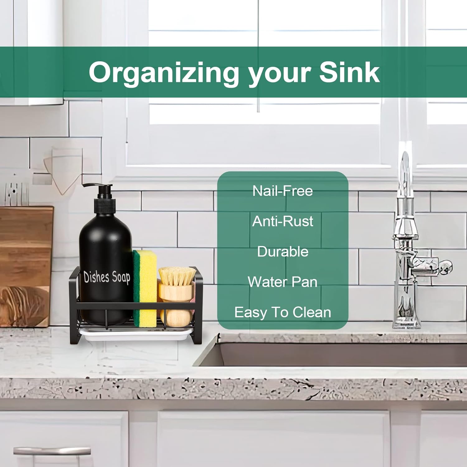 Stainless Steel Kitchen Sink Caddy for Organizing Sponge, Black