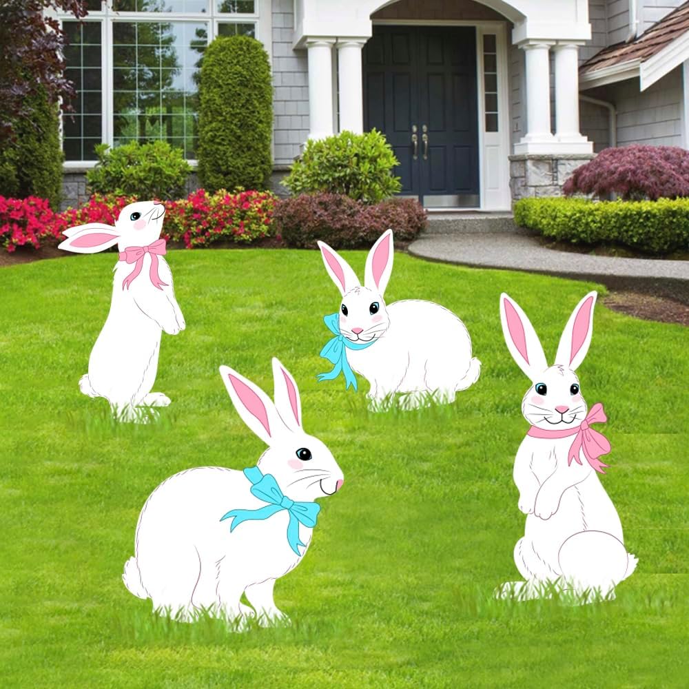 Easter Decorations Outdoor Yard Signs 4PCS White Bunny Signs with Stakes