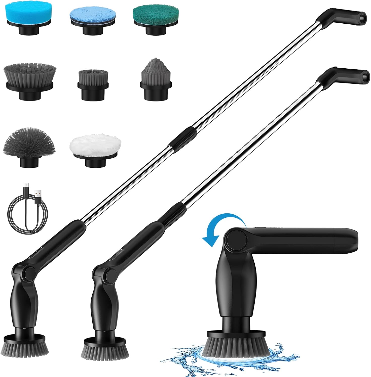 Power Cleaning Scrub Electric Spin Scrubber, Cordless Cleaning Brush with 8 Replaceable Brush Heads and Adjustable Extension Handle