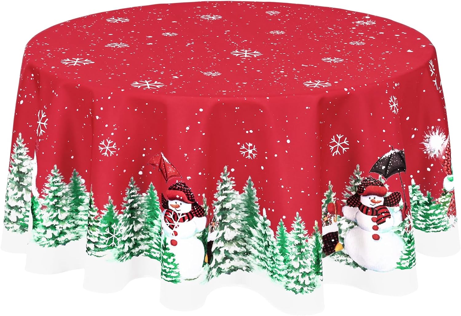 Christmas Tablecloth Round 60" Cute Snowman and Pine Table Cloth Round Tables for Christmas Decor, Red