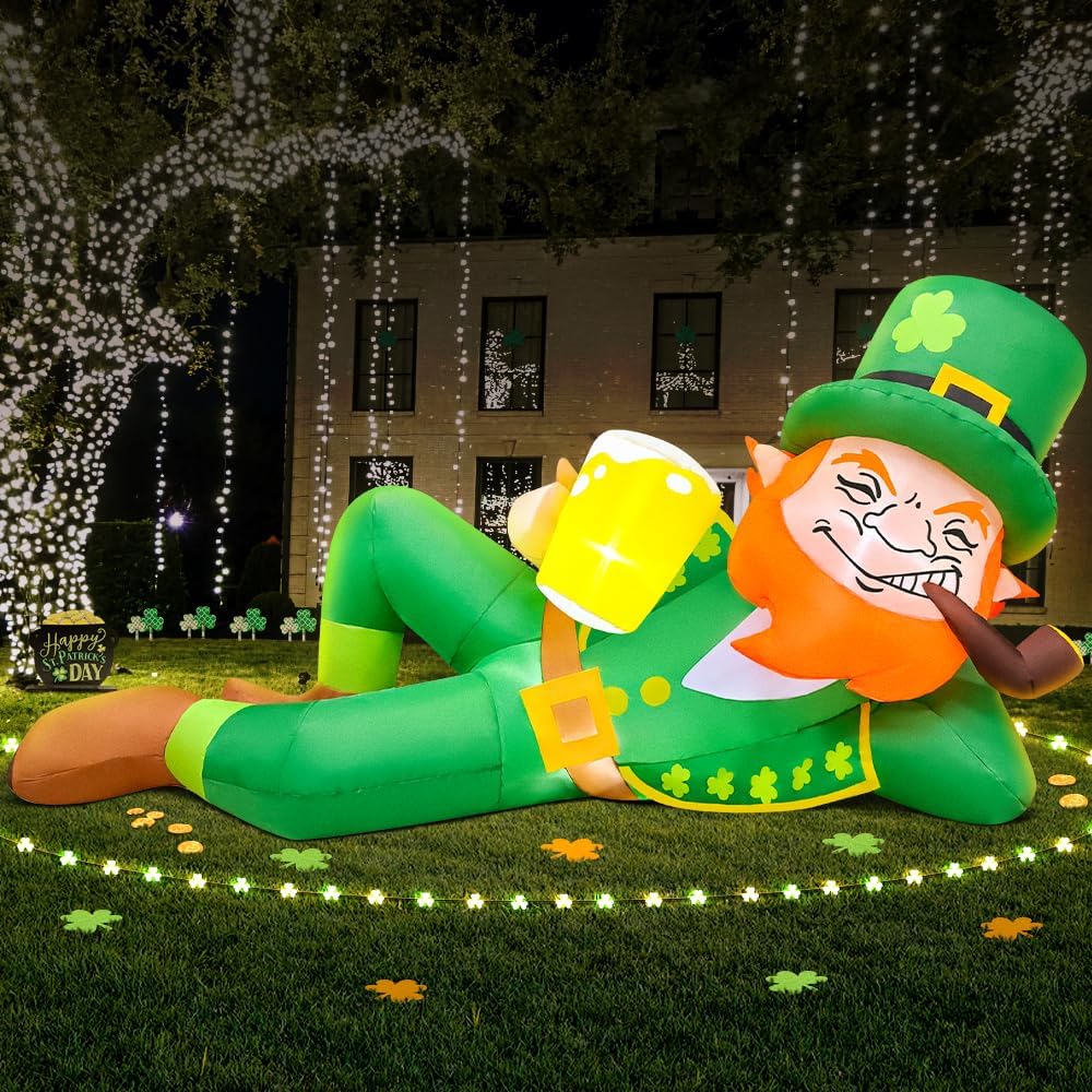 6FT St Patricks Day Inflatables Leprechaun with Lights Outdoor Decorations