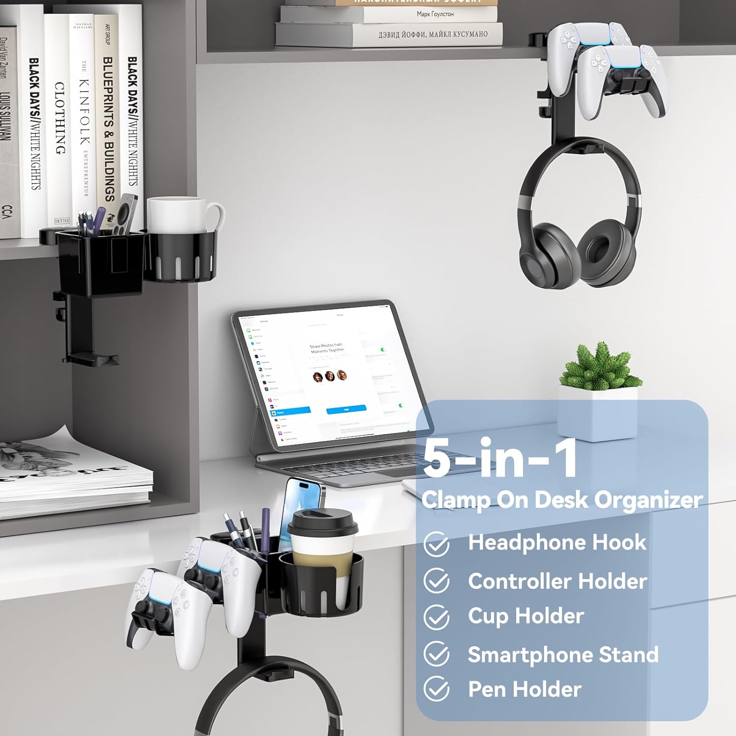 Rotating Headphone Hanger with Cup Holder, 5 in 1 Clamp On Desk Organizer (Black)