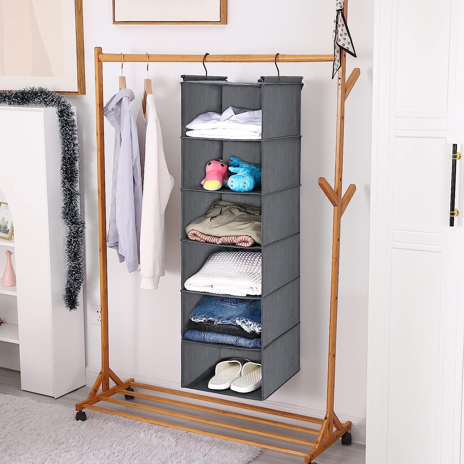 6 Tier Shelf Hanging Closet Organizer with 2 Sturdy Hooks for Storage