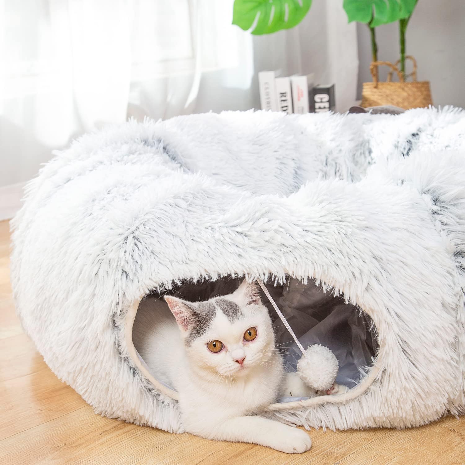 Cat Dog Warm Fluffy Plush Tunnel Bed 3 FT Diameter Longer Crinkle Collapsible 3 Way, White