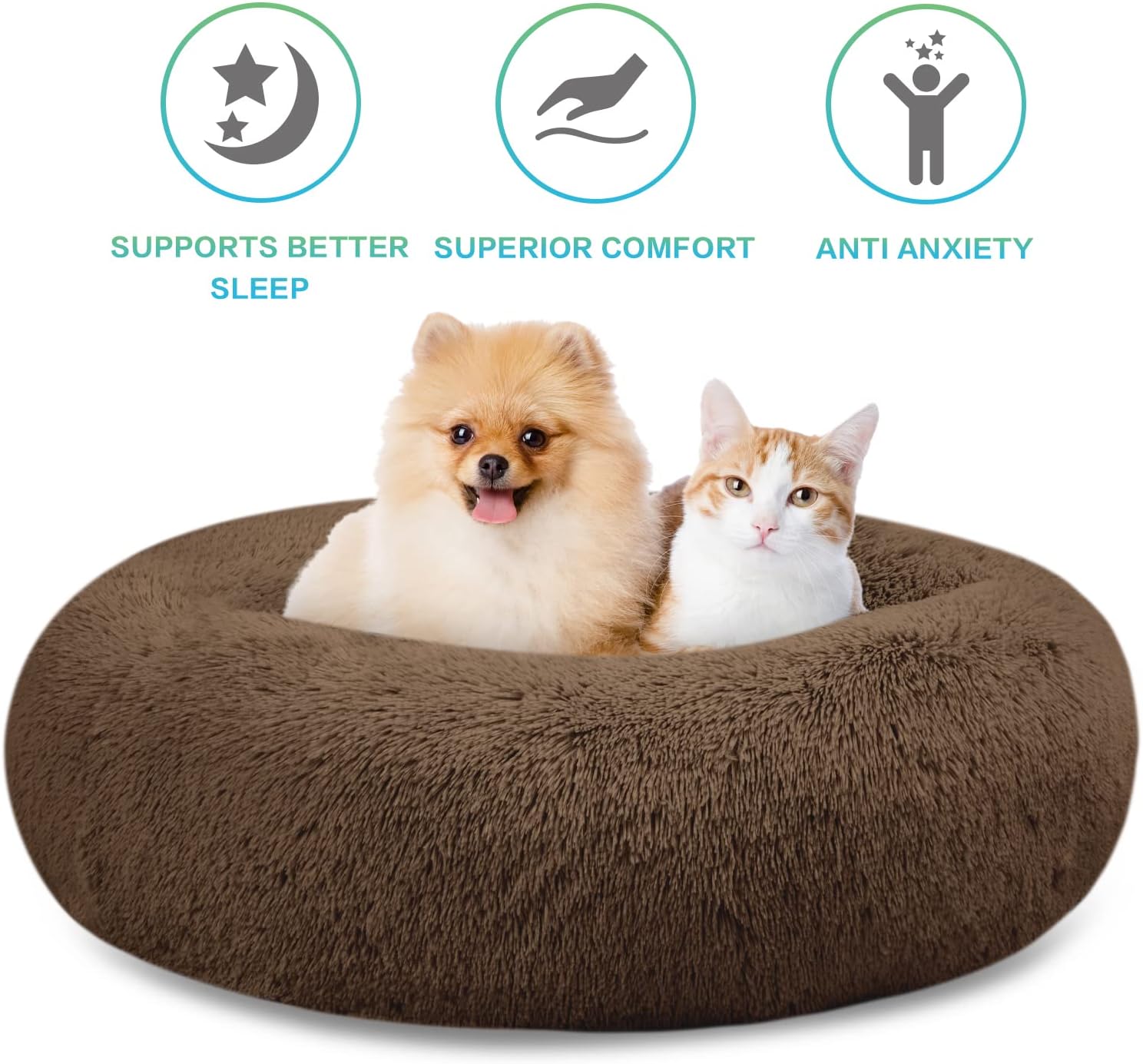 Donut Dog Bed Small Plush Calming Dog Beds - Small, Brown (23"x23")