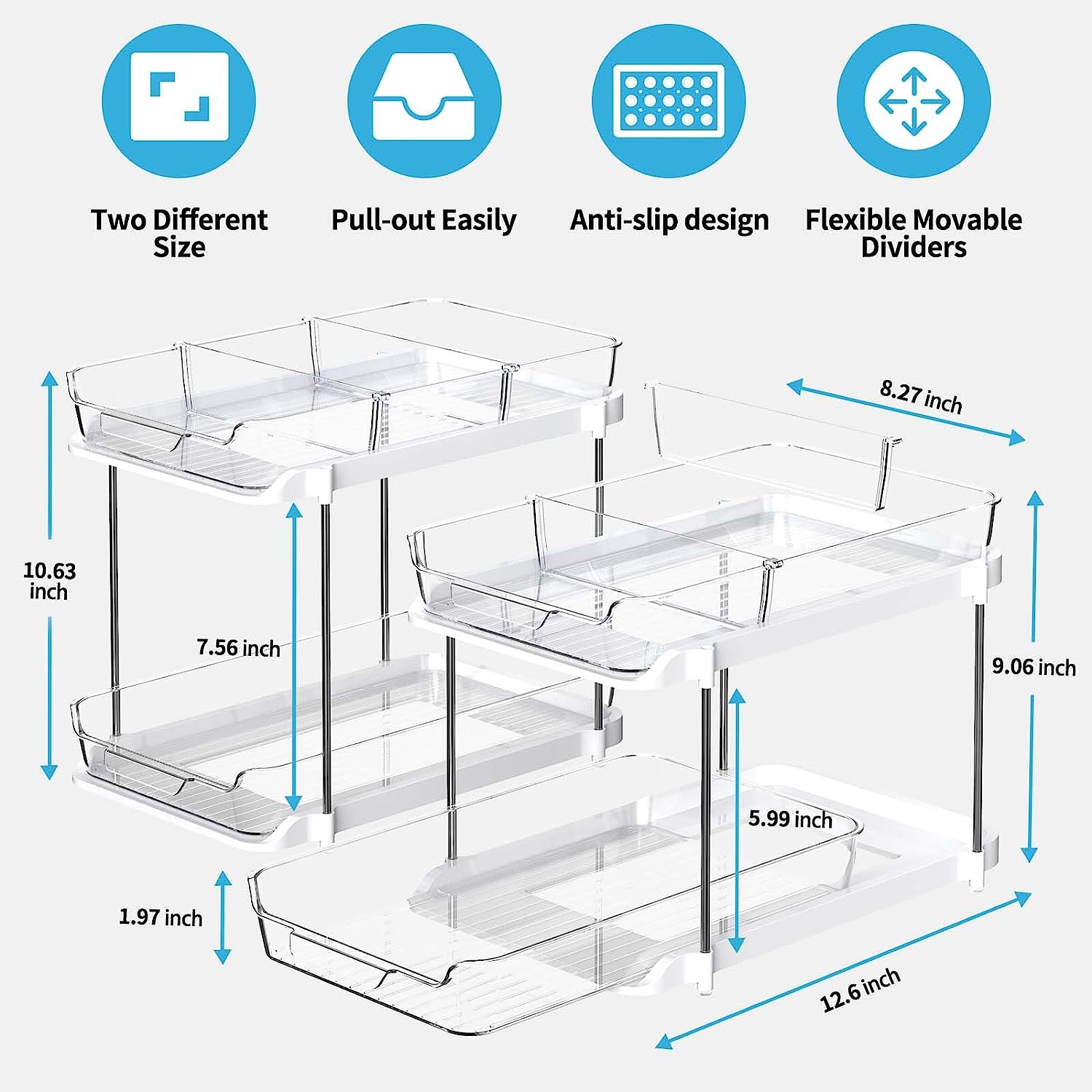 2 Pack Under Sink Organizers and Storage 2 Tier Storage Pull Out Medicine Cabinet Organizer with 8 Movable Dividers, White