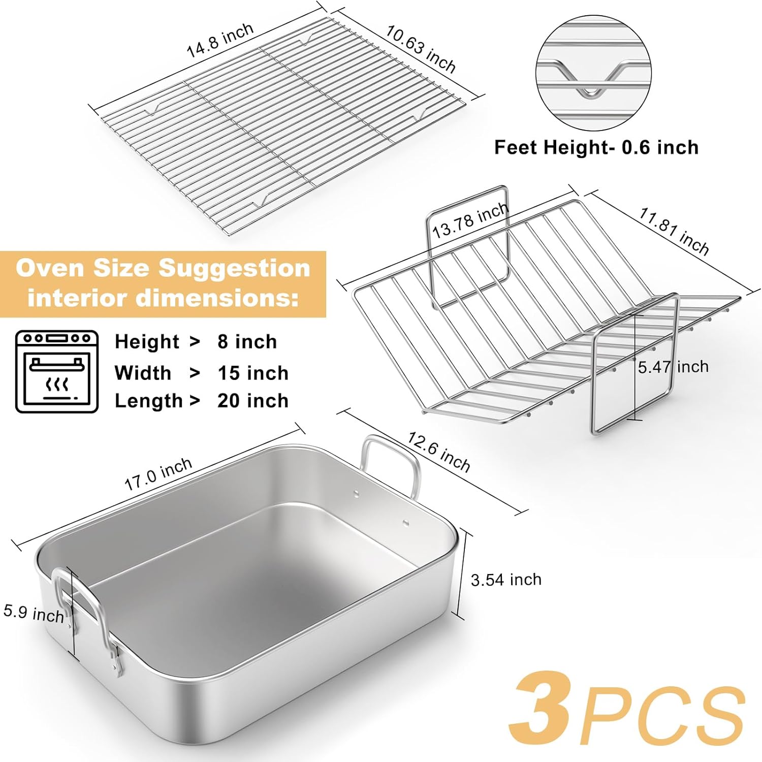 Roasting Pan Stainless Steel Turkey Roaster with Rack for Thanksgiving Christmas Roast Chicken Lasagna, 17" x 13"