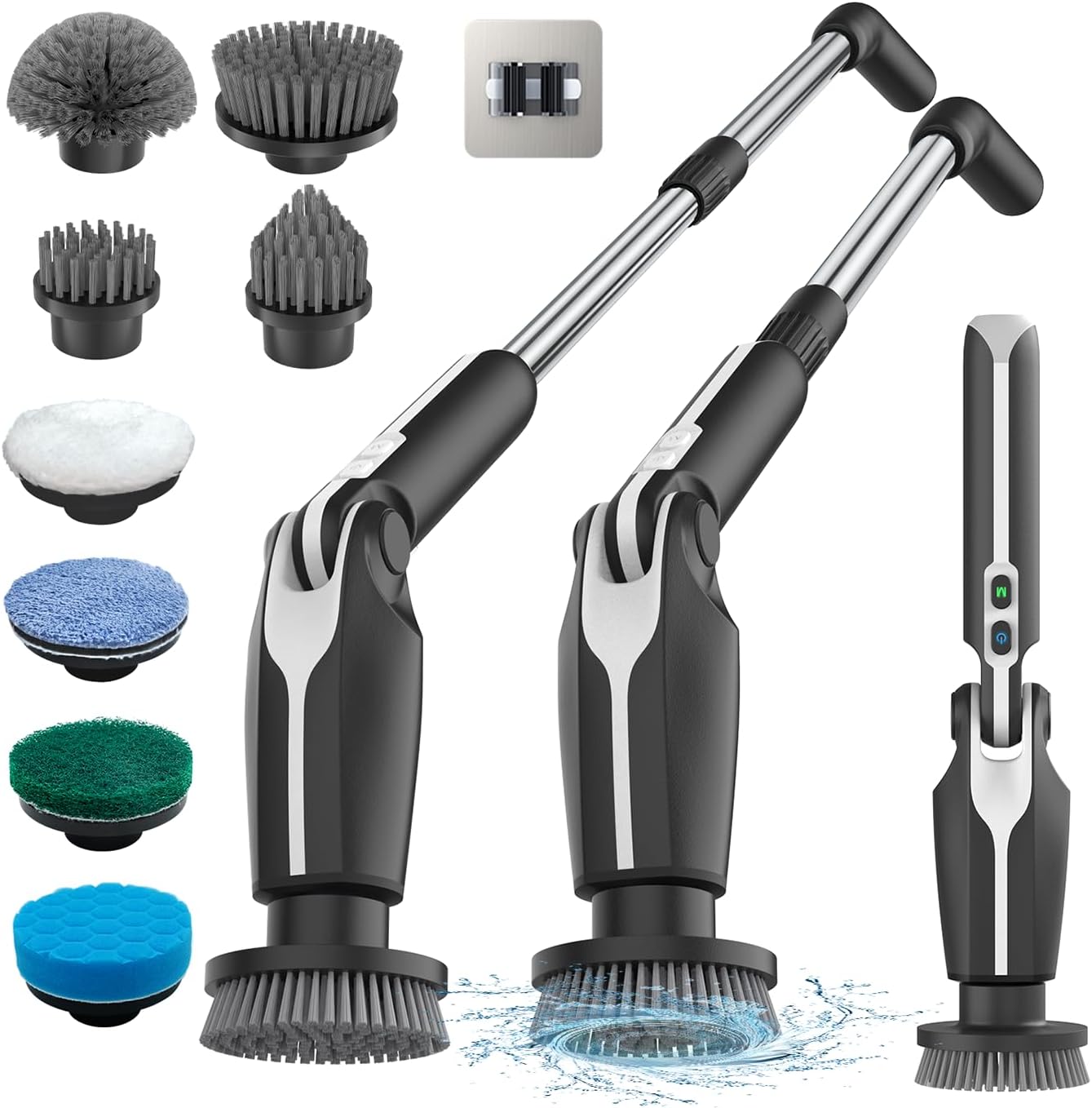 Electric Spin Scrubber with Long Handle & 8 Replaceable Brush Heads, Remote Control Shower Cleaner Brush (Black)