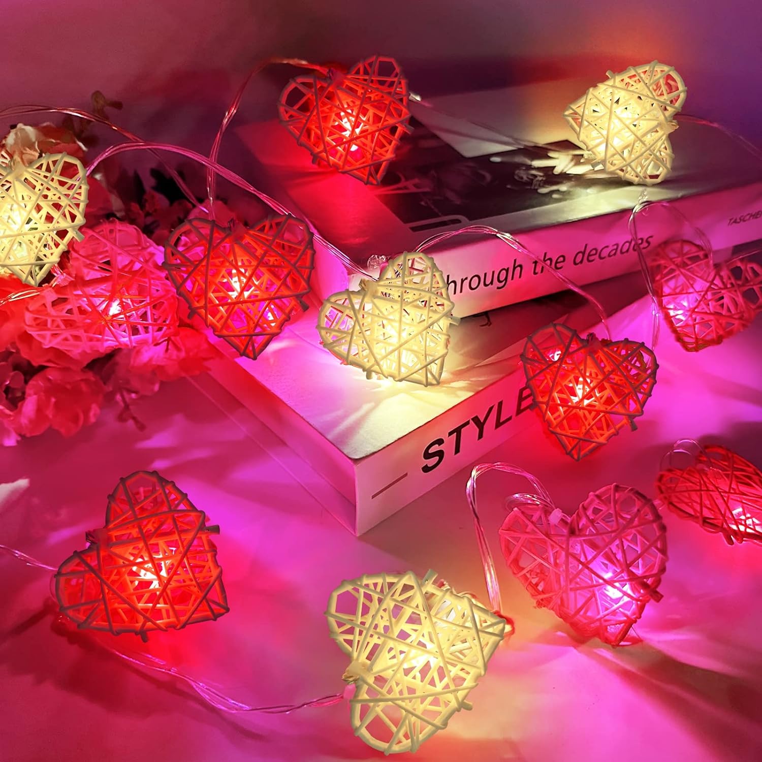 6.5FT Valentines Day String Lights 12 LED Decor, Red Pink White Hearts Lights, Battery Operated for Valentines Decorations