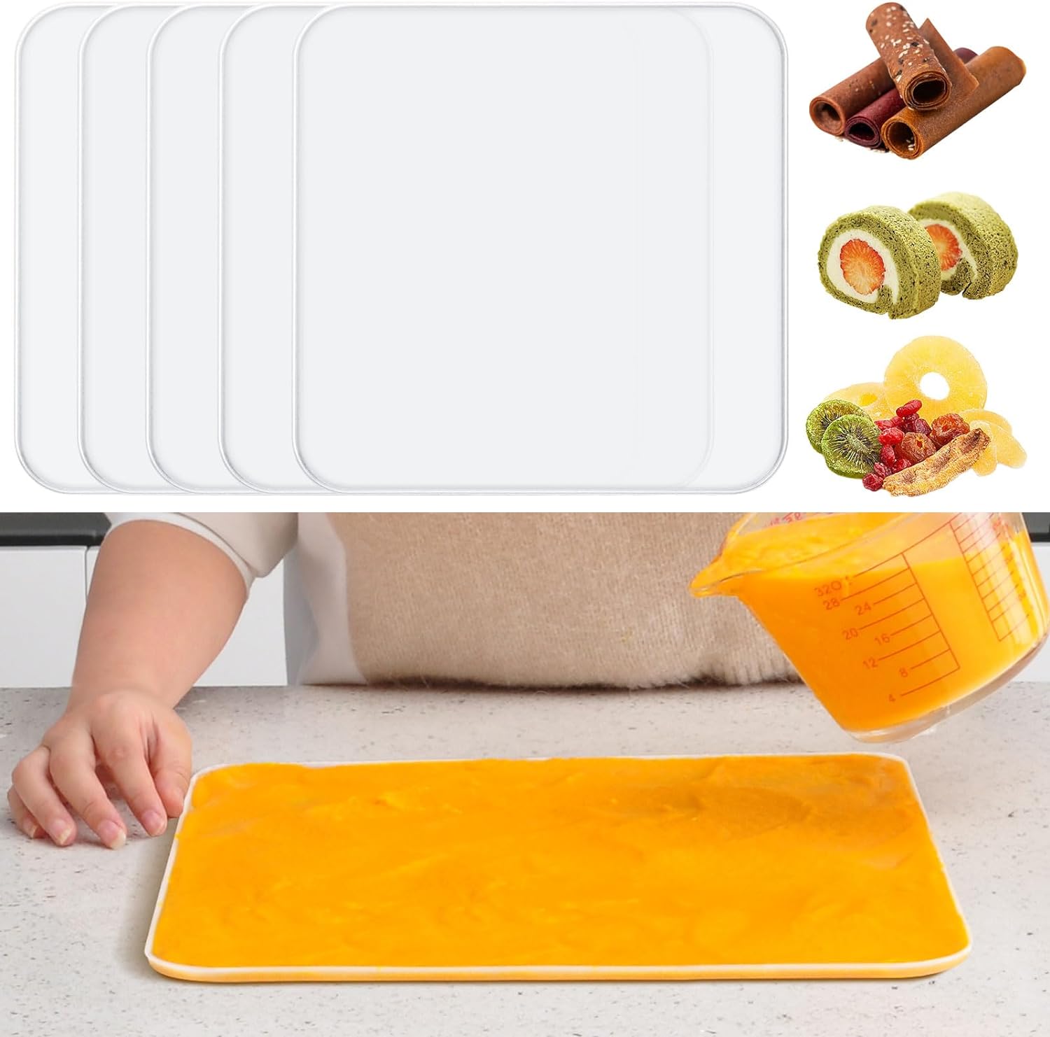 Silicone Dehydrator Trays with Edge, 5 Pack BPA-Free Fruit Roll Sheets