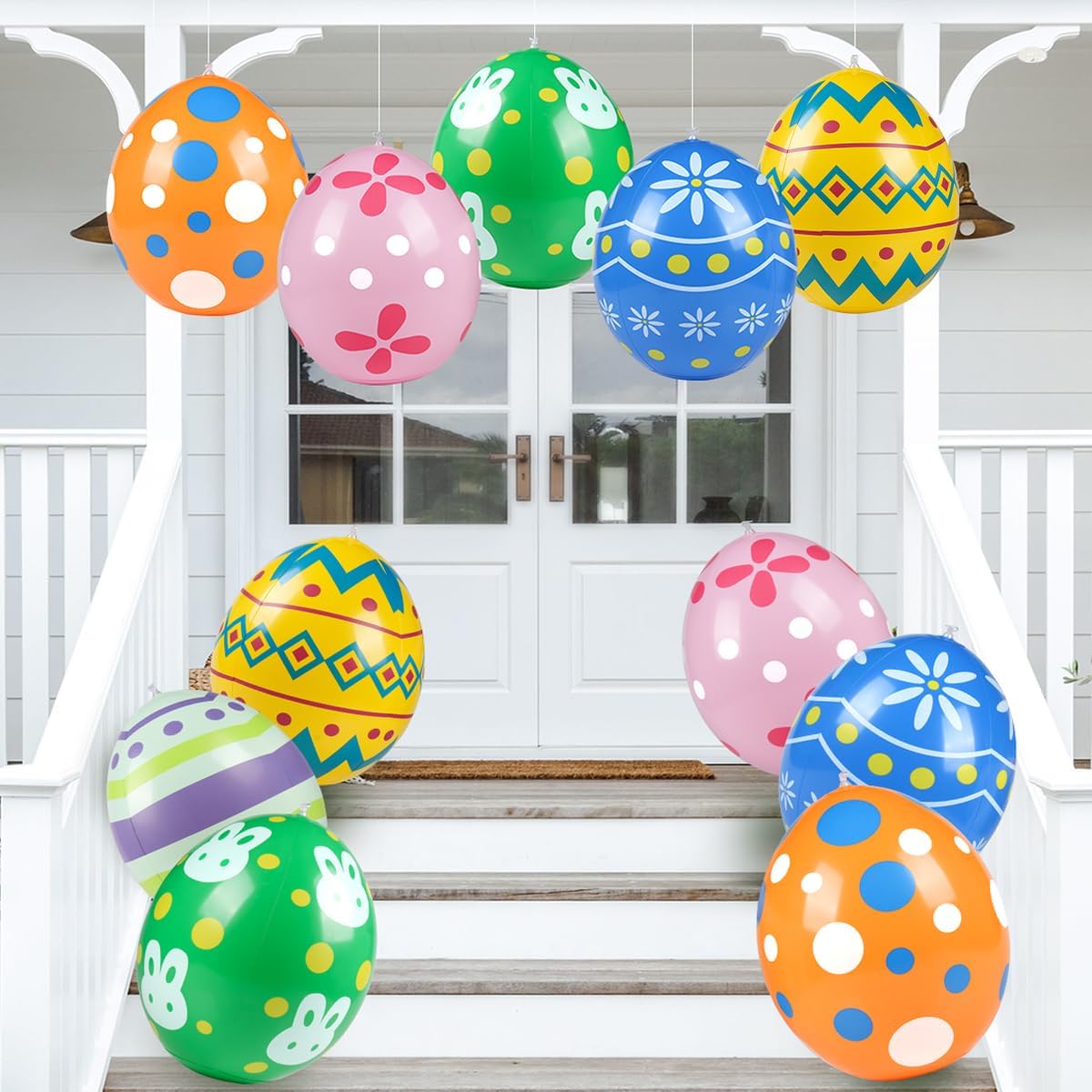 Inflatable Easter 12PCS Eggs Outdoor Decorations 18" Decorative Hanging Blow Ups Ornaments for Yard