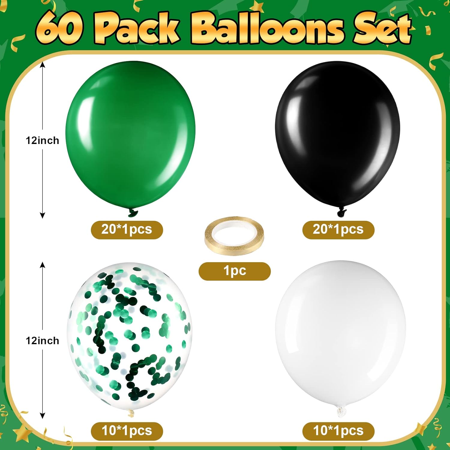 Confetti Balloons Kit 60PCS 12" Balloons with 2 Rolls Ribbon (Black, Green, White)