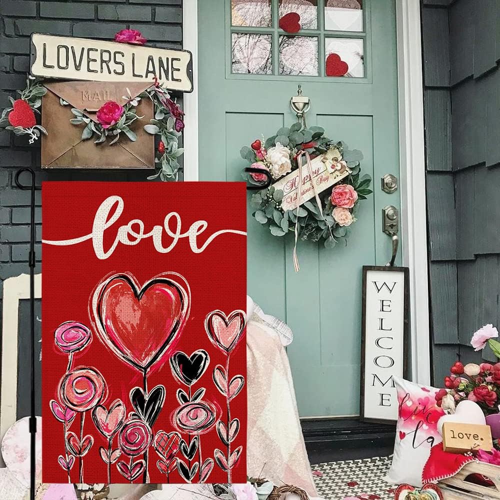 Valentine Day Garden Flag Vertical Double Sided Burlap (12" X 18")