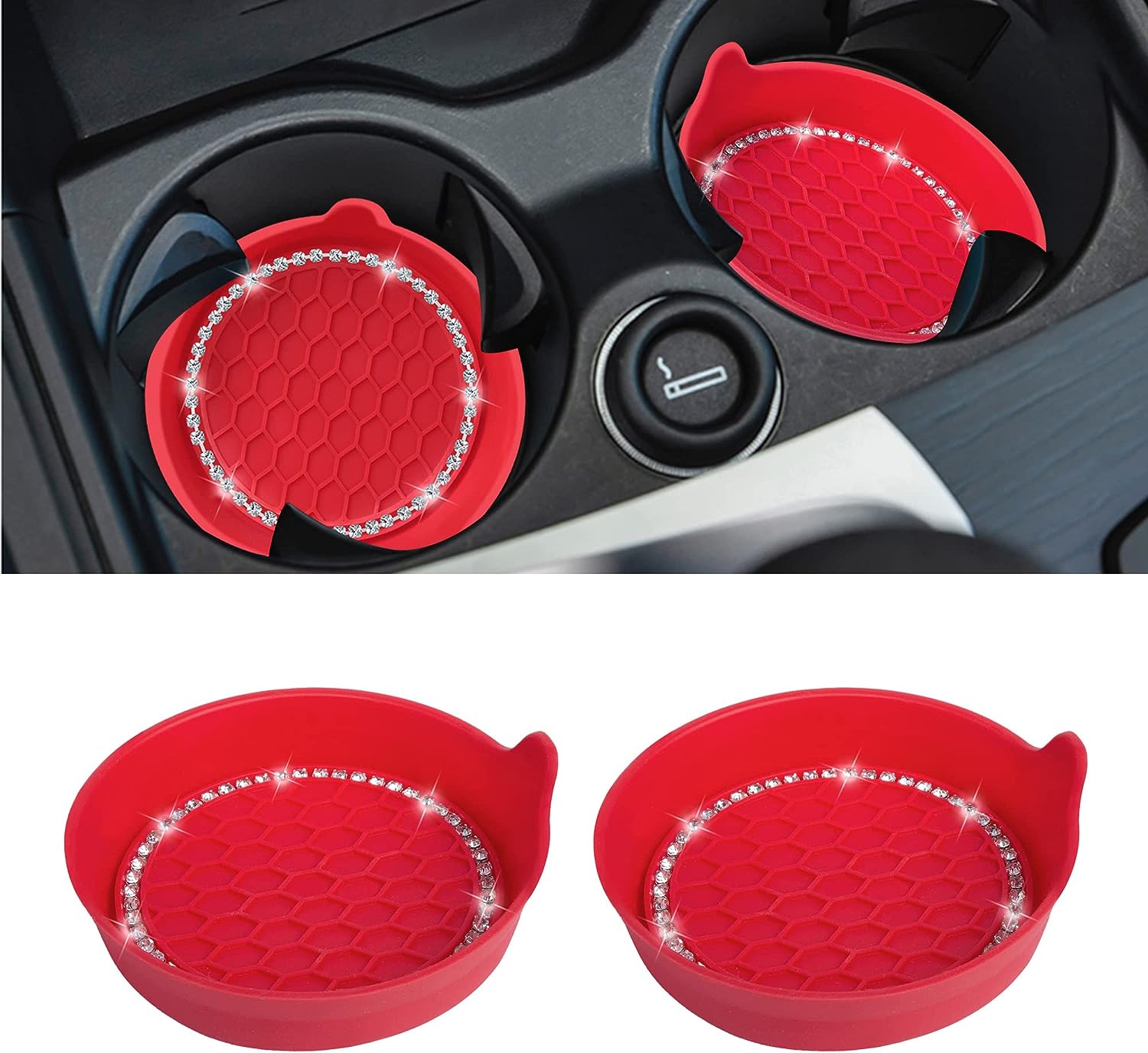 Universal Car Cup Coaster, 2 Pack Non-Slip Cup Holder Car Interior Accessories, Rhinestone Red