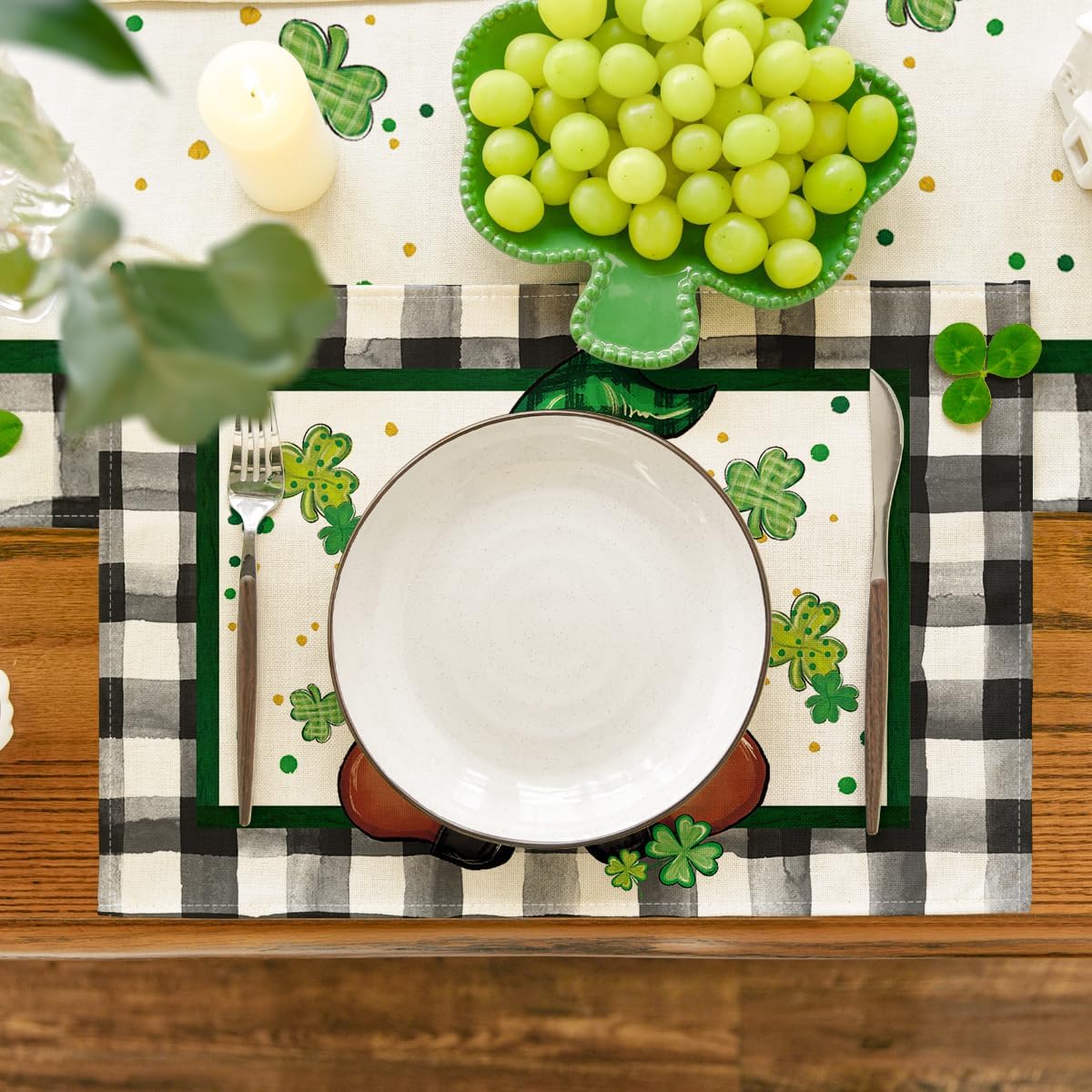 St. Patrick's Day Placemats Set of 4 Buffalo Plaid Gnome Shamrock (12" x 18")