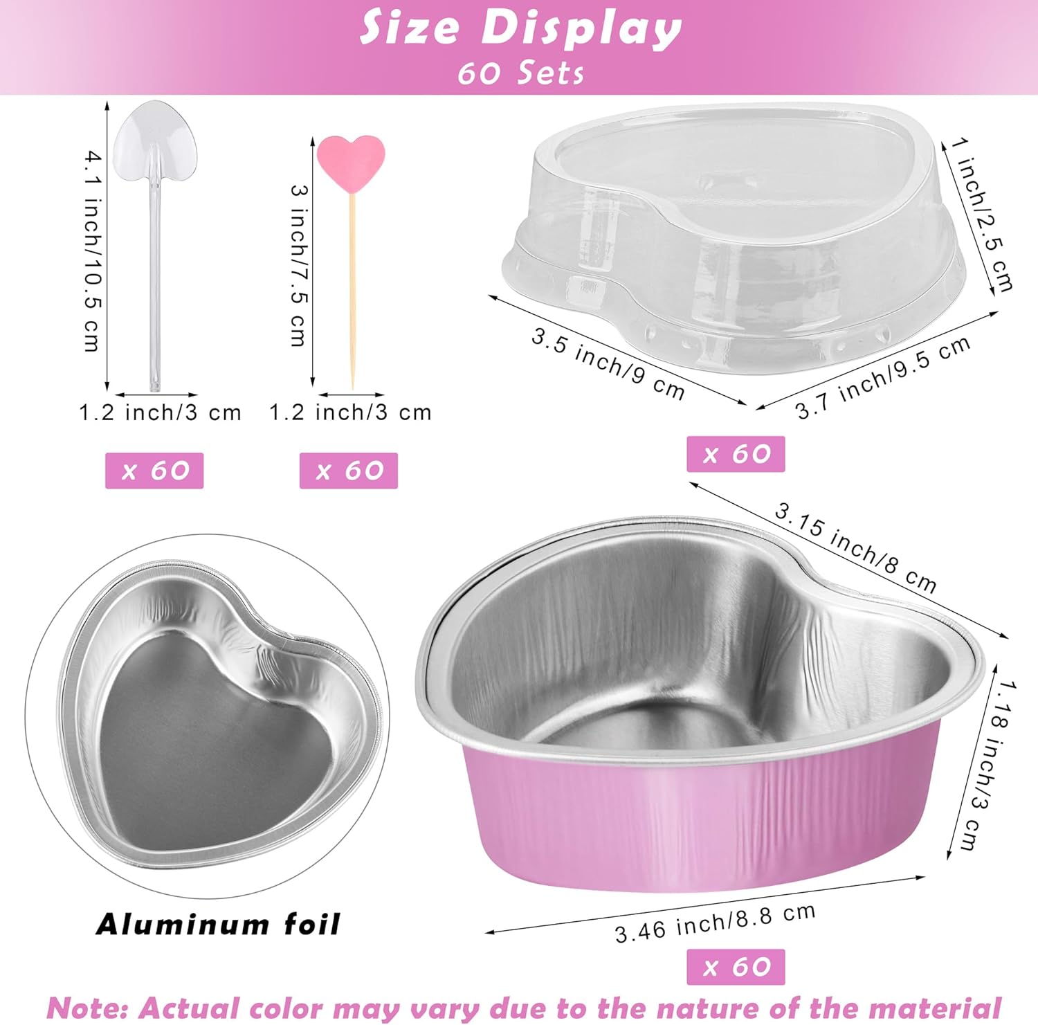 60 Pack Valentine's Day Heart Shaped Cake Pans - 3.4oz Disposable Aluminum Foil Cupcake Pans with Spoons & Lids (Pink)