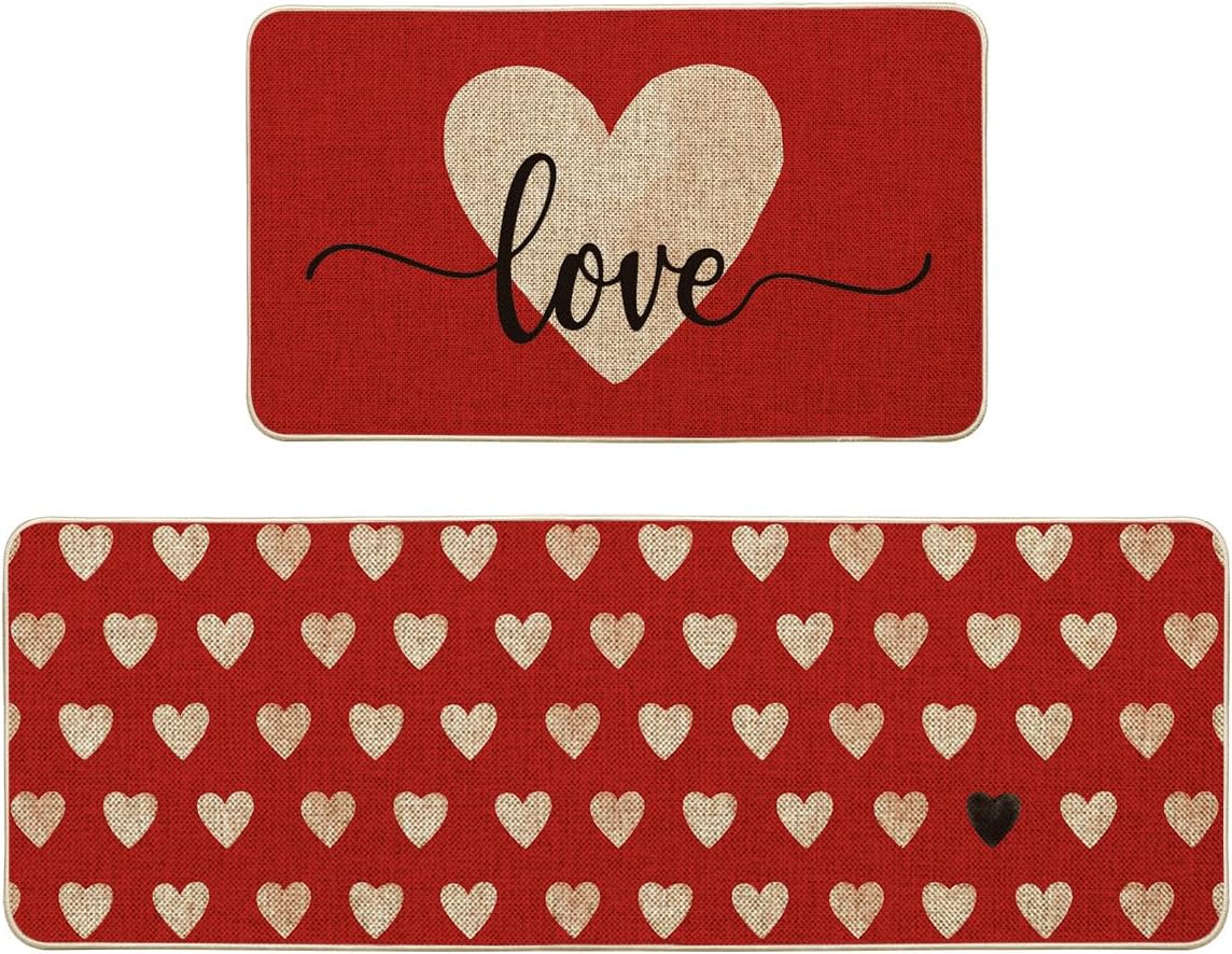 Red Love Heart Valentine's Day Kitchen Mats Set of 2 (17" x 29"  and 17" x 47")