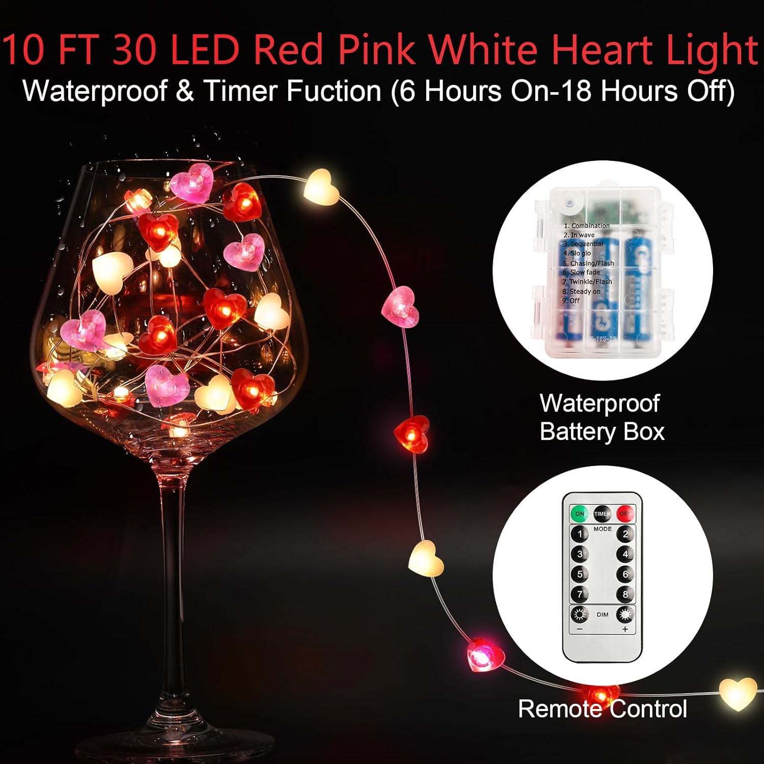 10FT Valentine's Day Heart 30 LEDs Lights Battery Operated with 8 Modes and Timer