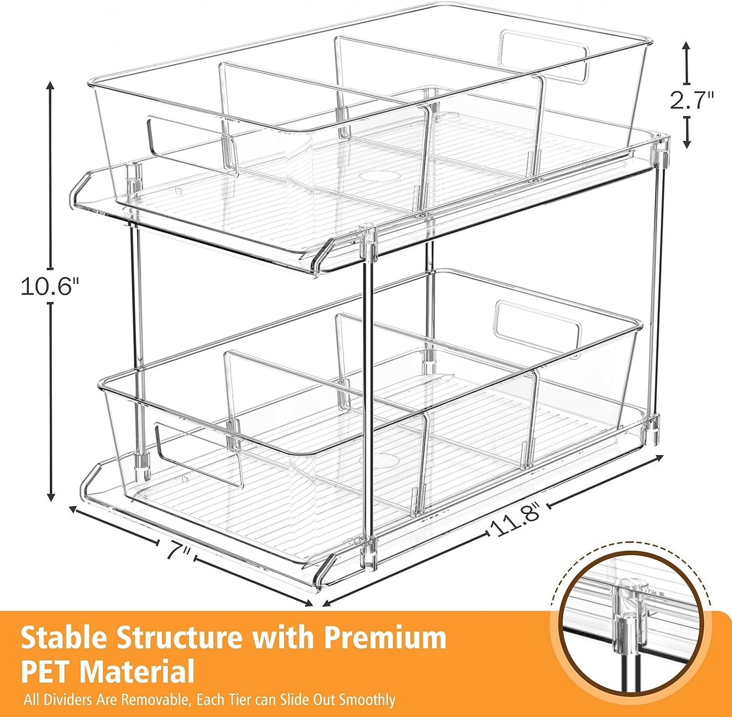 Bathroom Pull-out Home Organizer 2 Tier, 3 Pack Clear Bathroom Organizer with Dividers