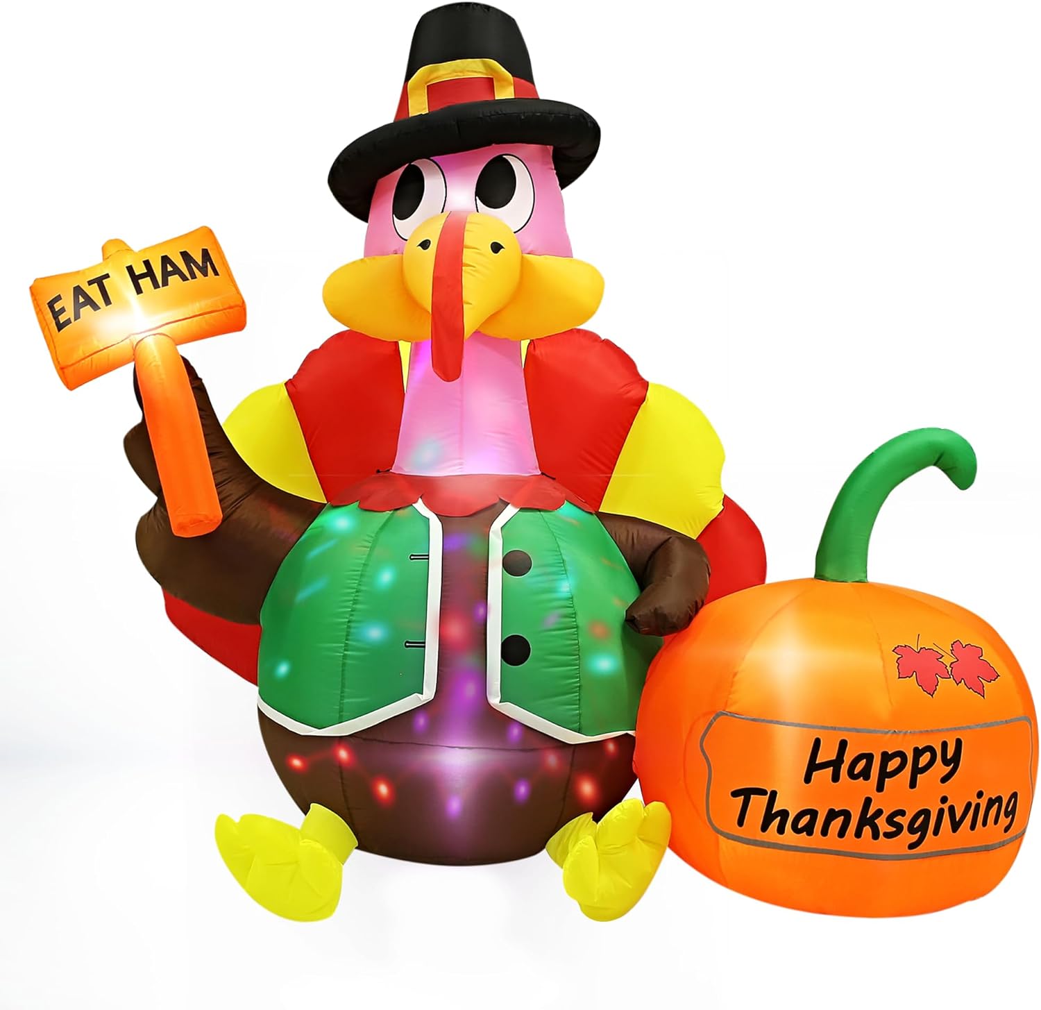 Turkey Inflatable 6FT Thanksgiving Blow Up Inflatable Turkey with Built-in Colorful LED Rotating Lights Yard Decorations