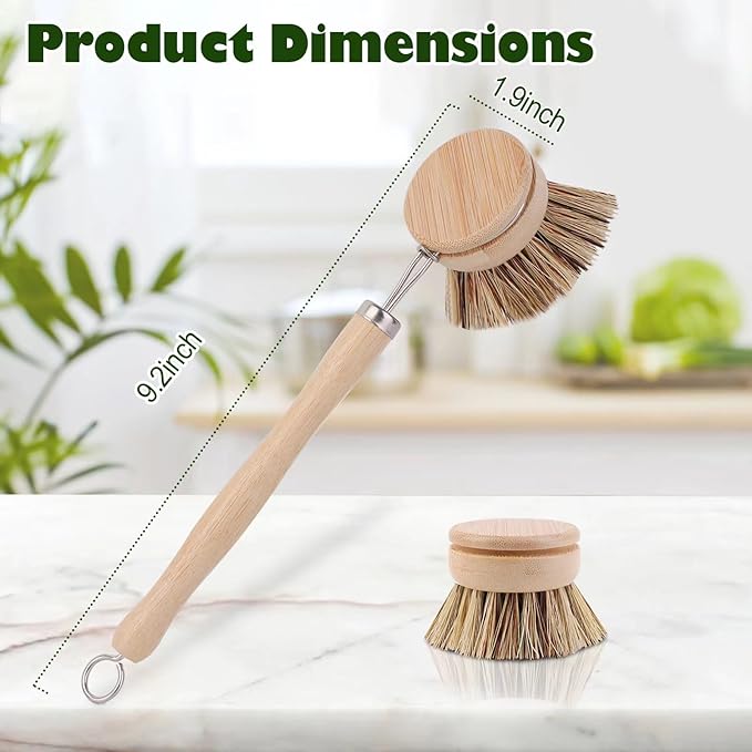 Bamboo Scrub Brush Hard Brush with 4 Replacement Heads For Cleaning Kitchen Utensils