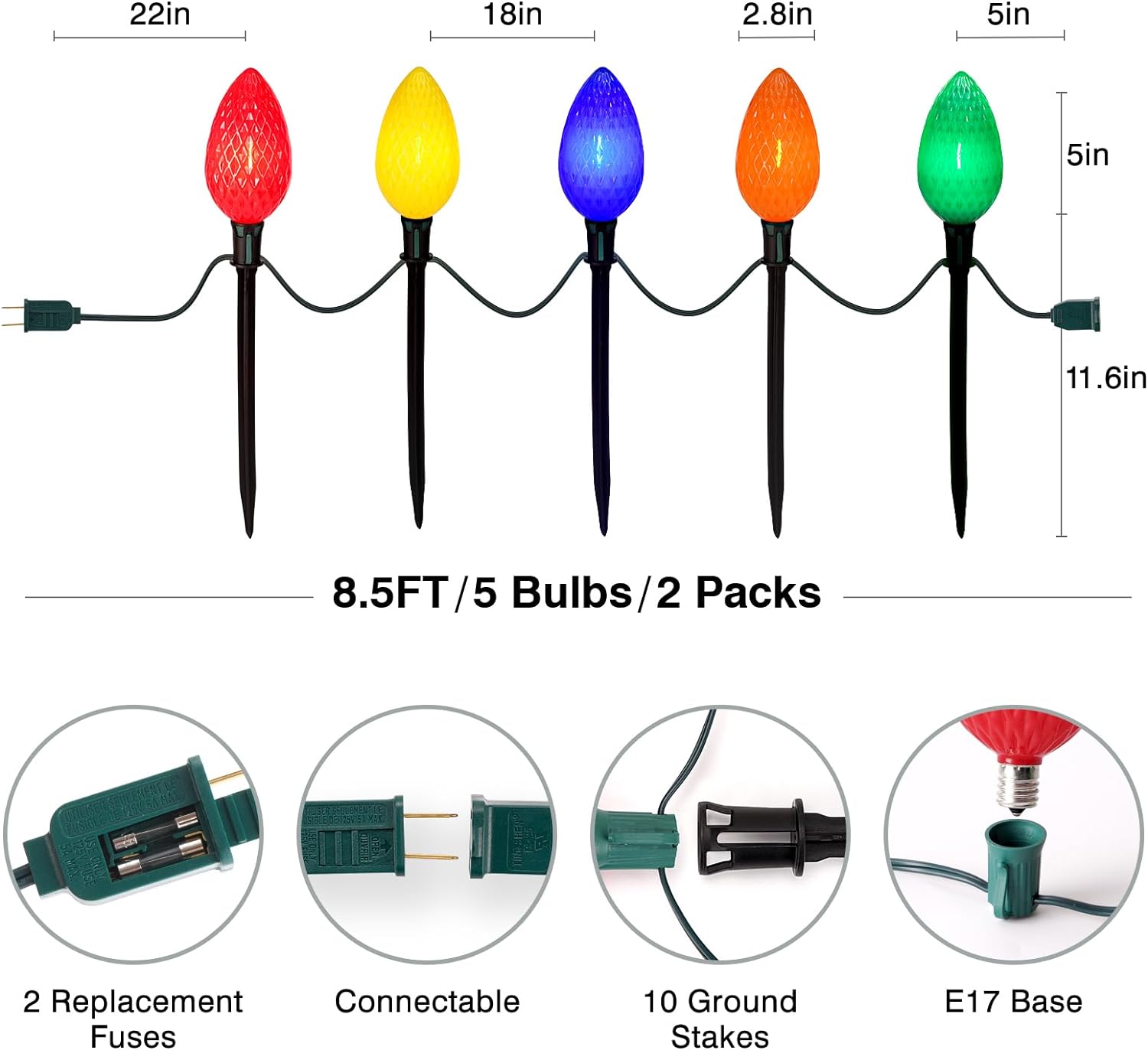 Christmas C9 Christmas Pathway Lights 2 Pack, , 8.5 Feet 5 LED Multicolored Large Bulb