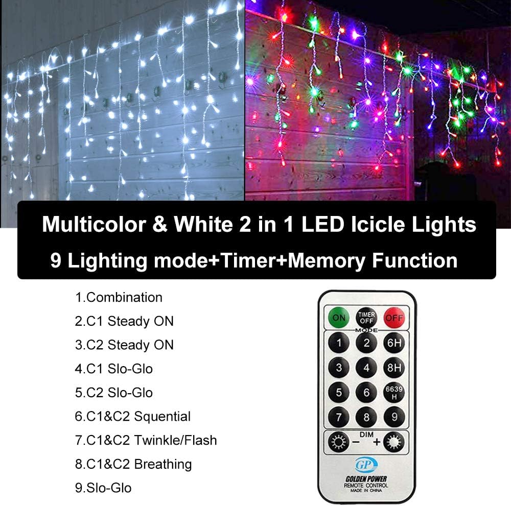 Christmas Lights Multicolor & White Color Changing Icicle Lights with Remote, Lights with Remote, 360 LED 29.5FT Window Fairy Lights with 60 Drops