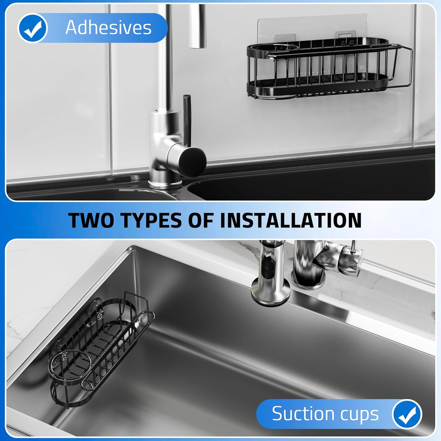 Sink Caddy Sponge Holder Stainless Steel in The Sink with 2 Installation Ways (Suction & Adhesives)